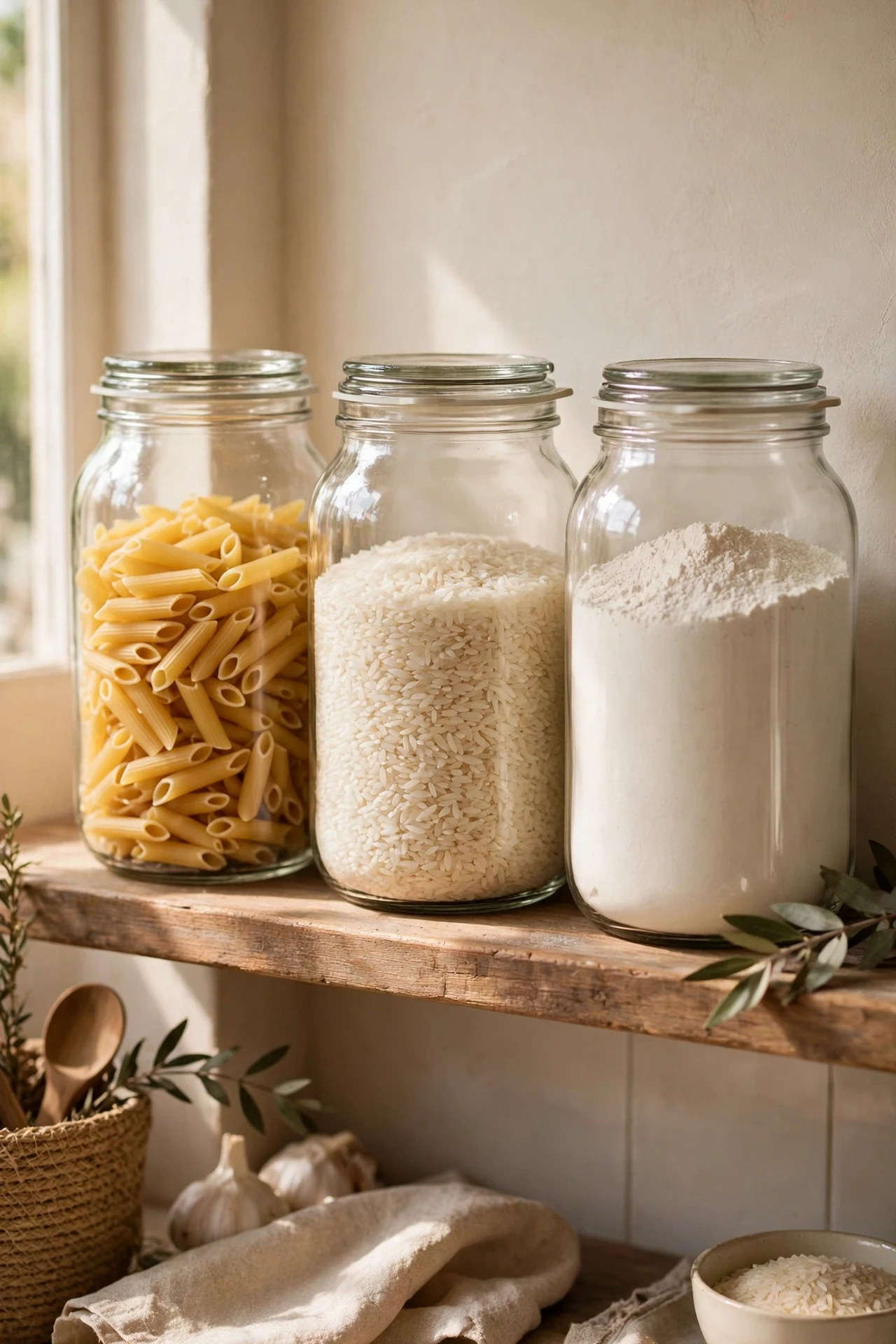 Matching glass jars of pasta rice and flour on kitchen shelf