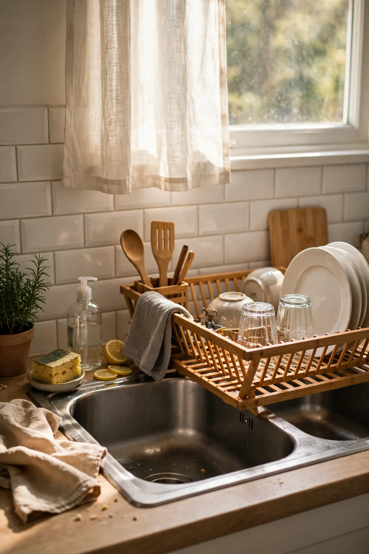 Over the sink dish drying rack straddling stainless kitchen sink