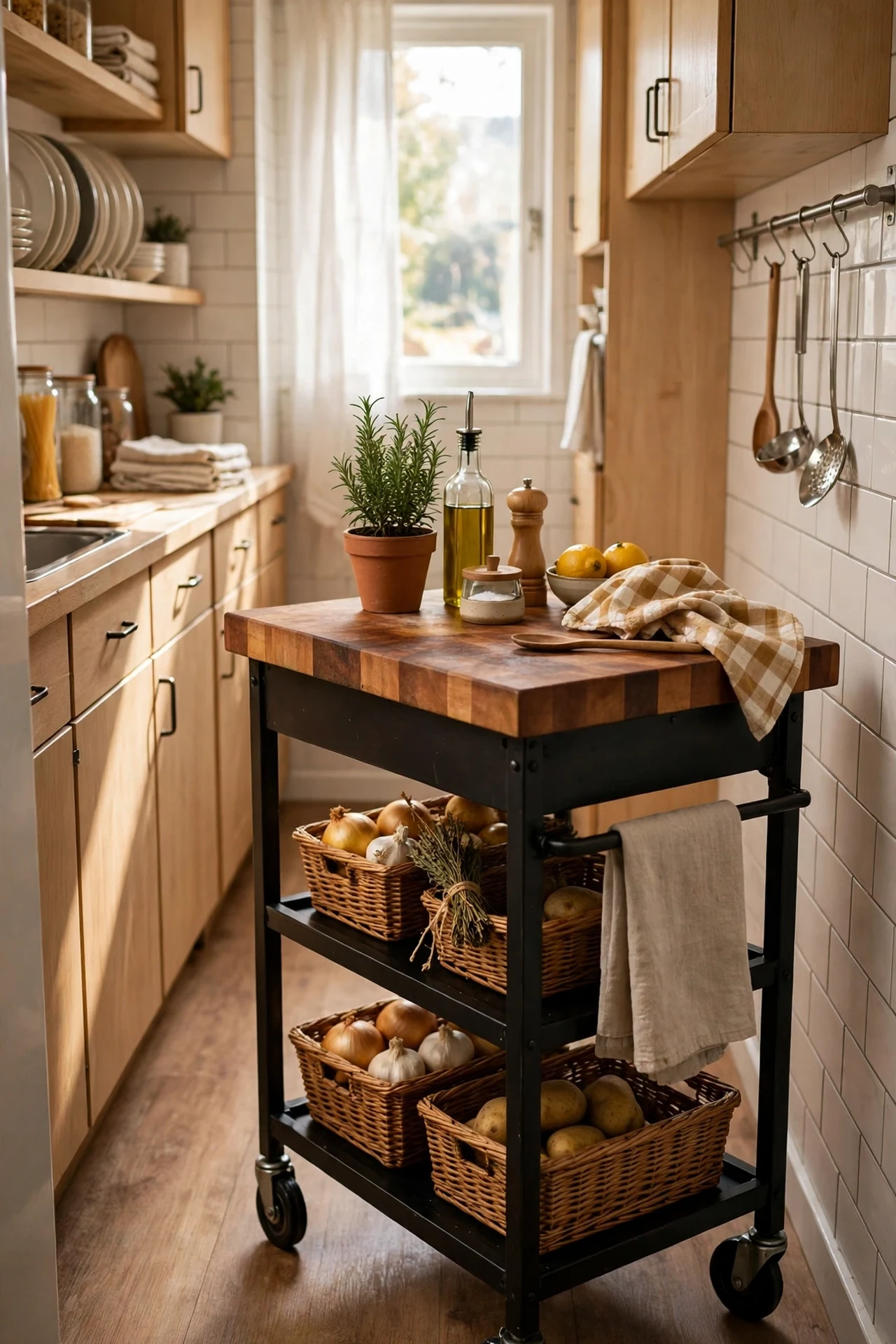 Butcher block rolling kitchen cart in narrow galley apartment kitchen
