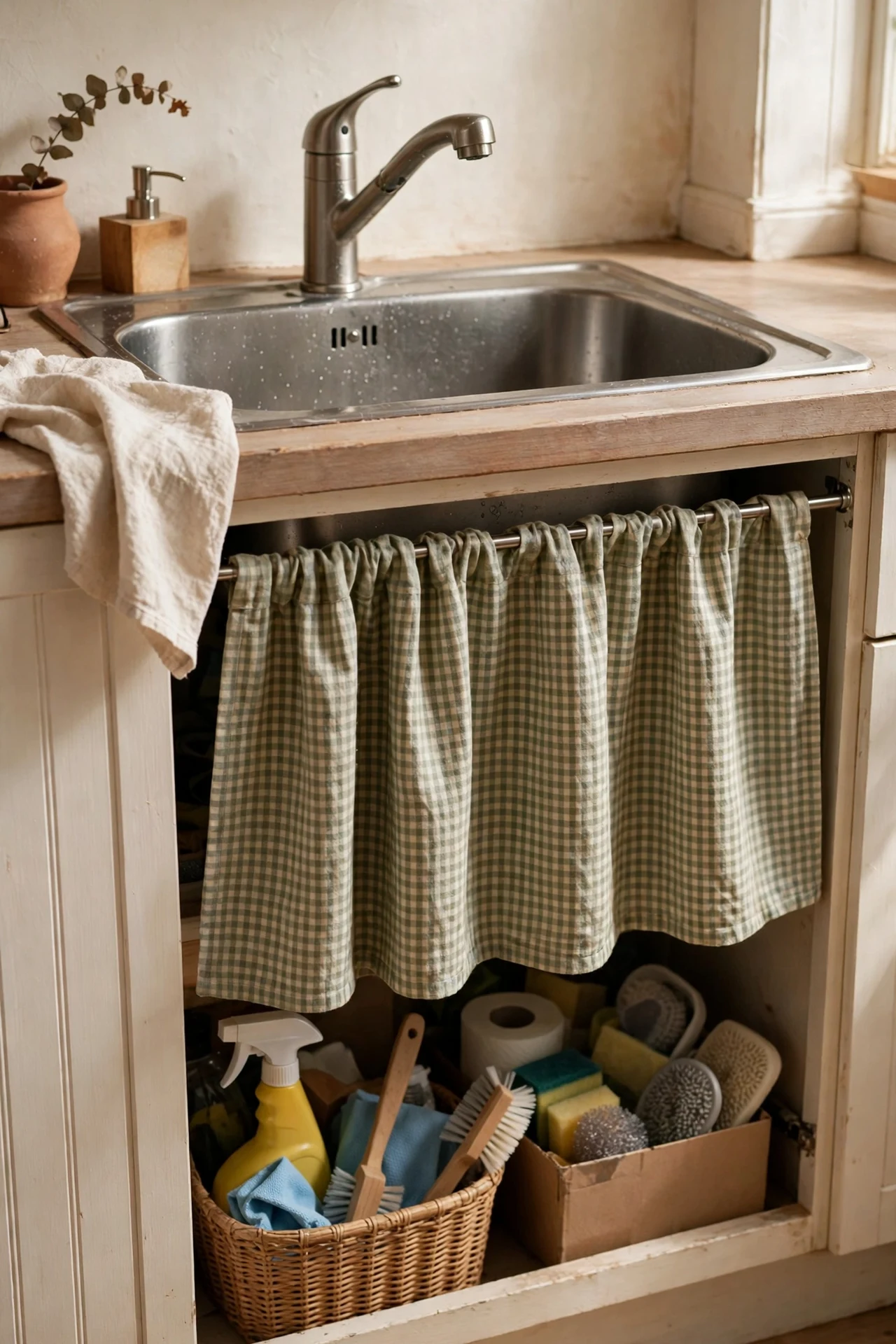 Fabric curtain on tension rod hiding clutter under kitchen sink