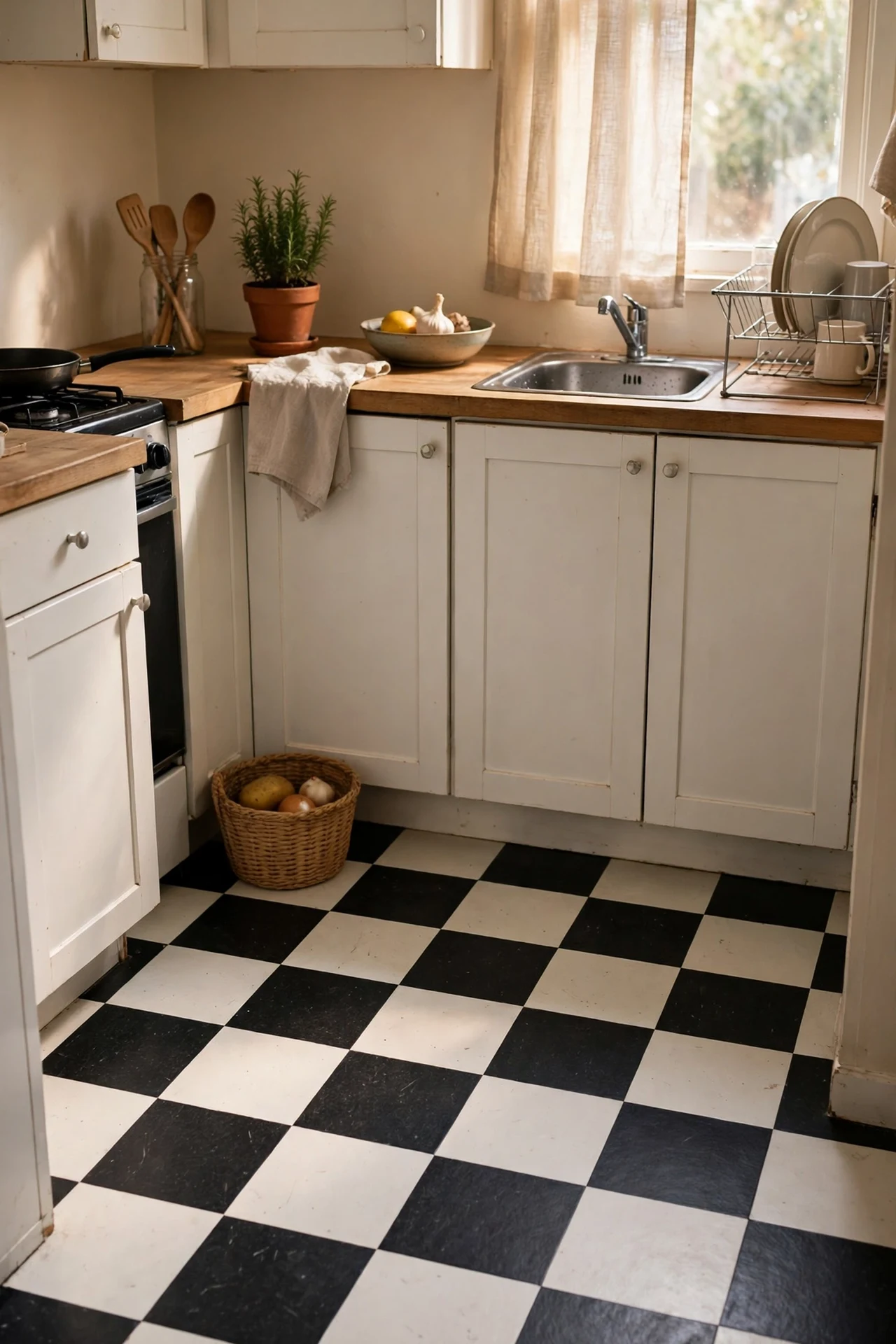 Checkerboard peel-and-stick vinyl floor tiles in small rental kitchen