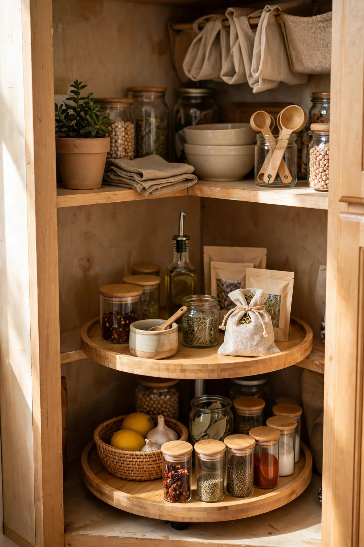 Two tier lazy susan turntable organising corner kitchen cupboard