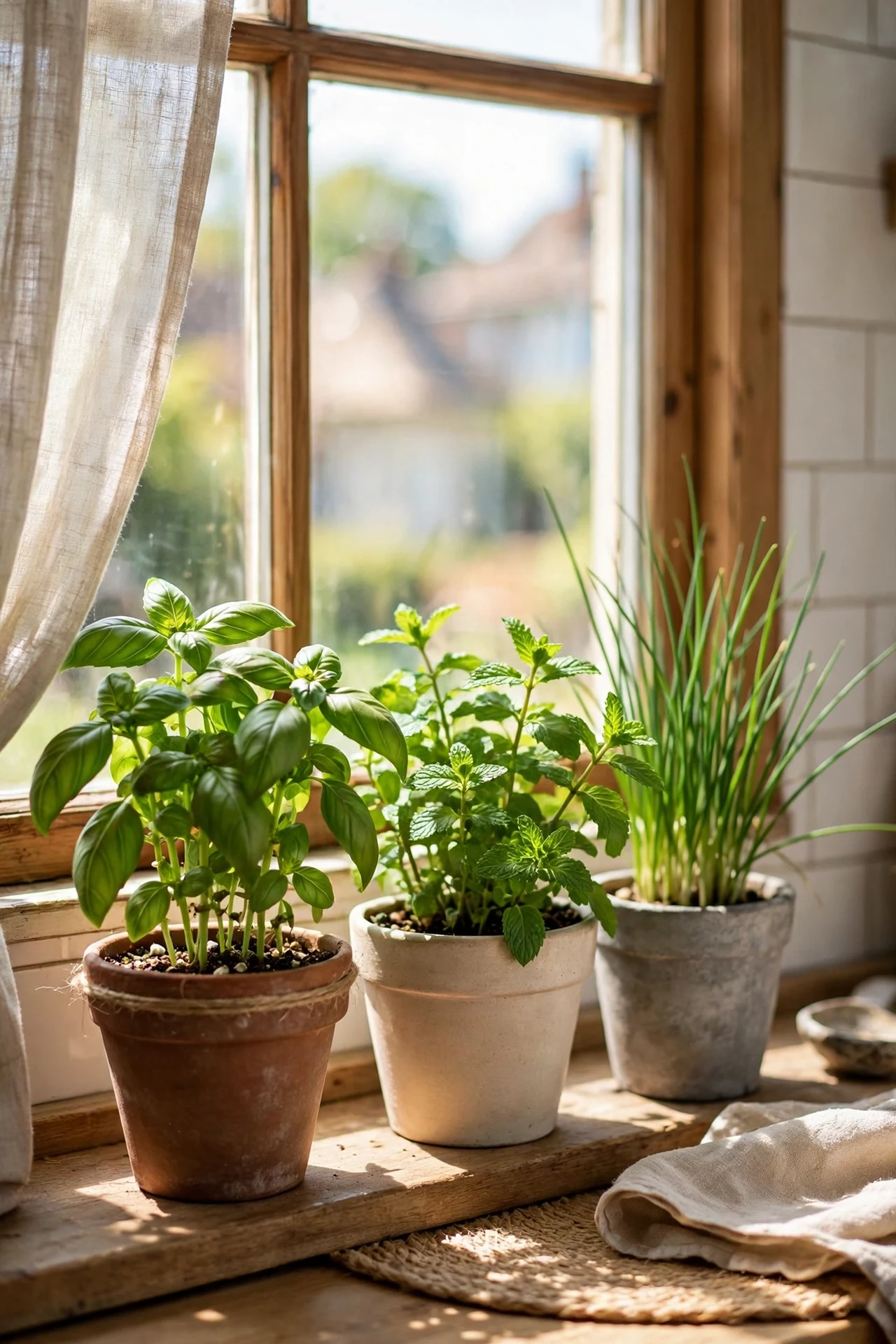 Fresh basil mint and chives growing in pots on kitchen windowsill