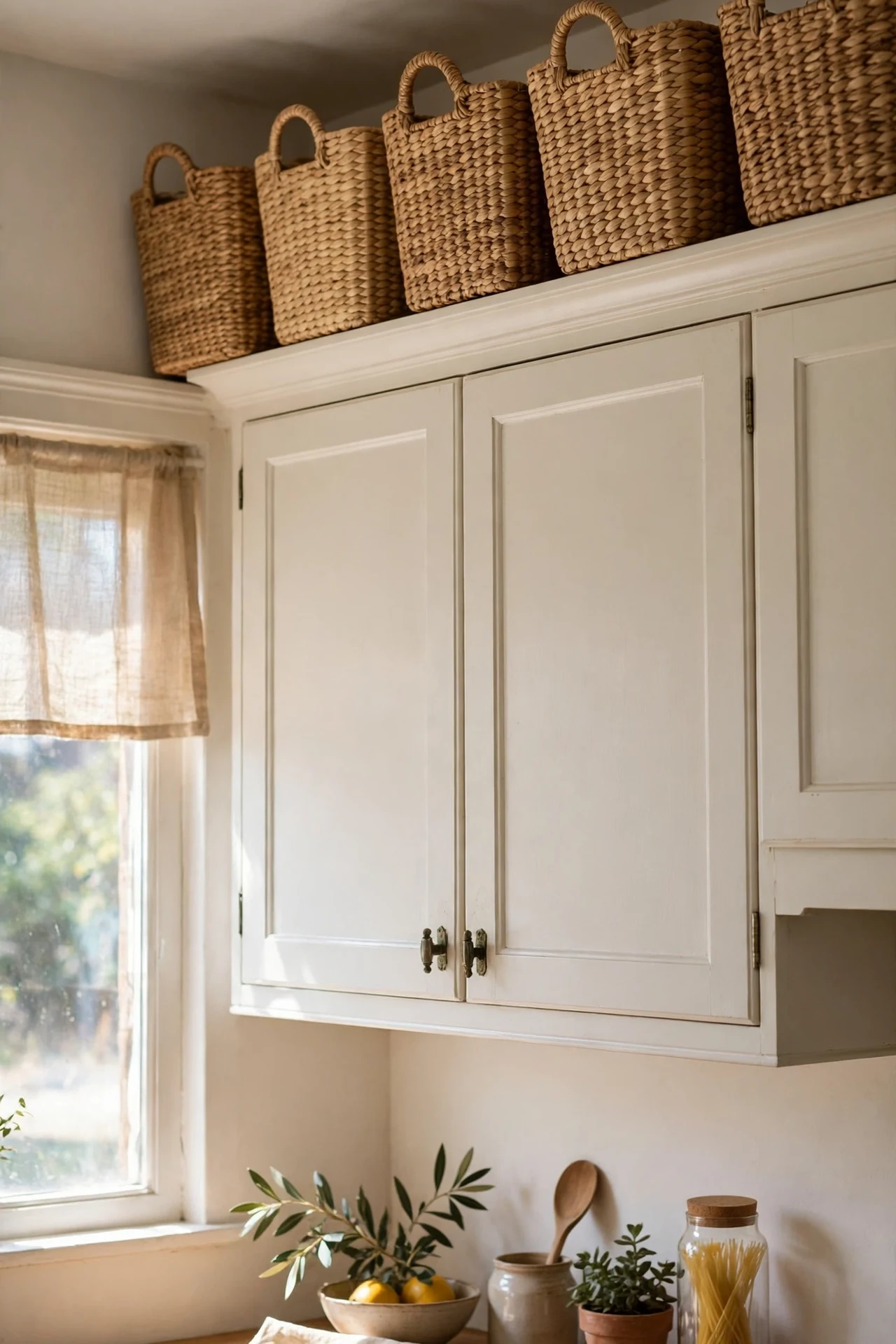 Woven storage baskets lined up above kitchen wall cabinets