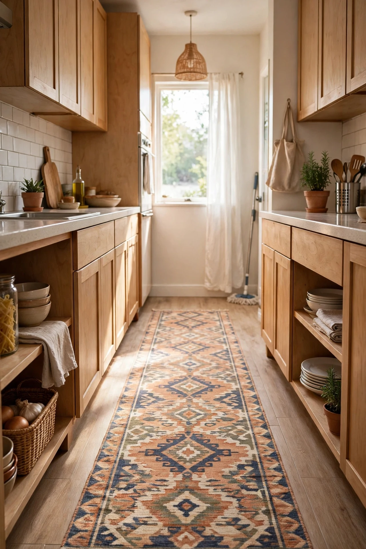 Patterned washable runner rug down narrow galley kitchen floor