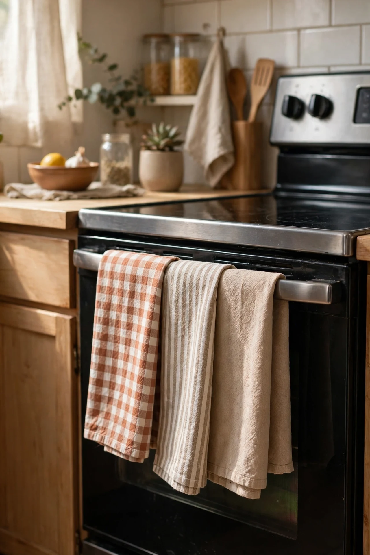 Coordinated tea towels folded neatly on apartment kitchen oven handle