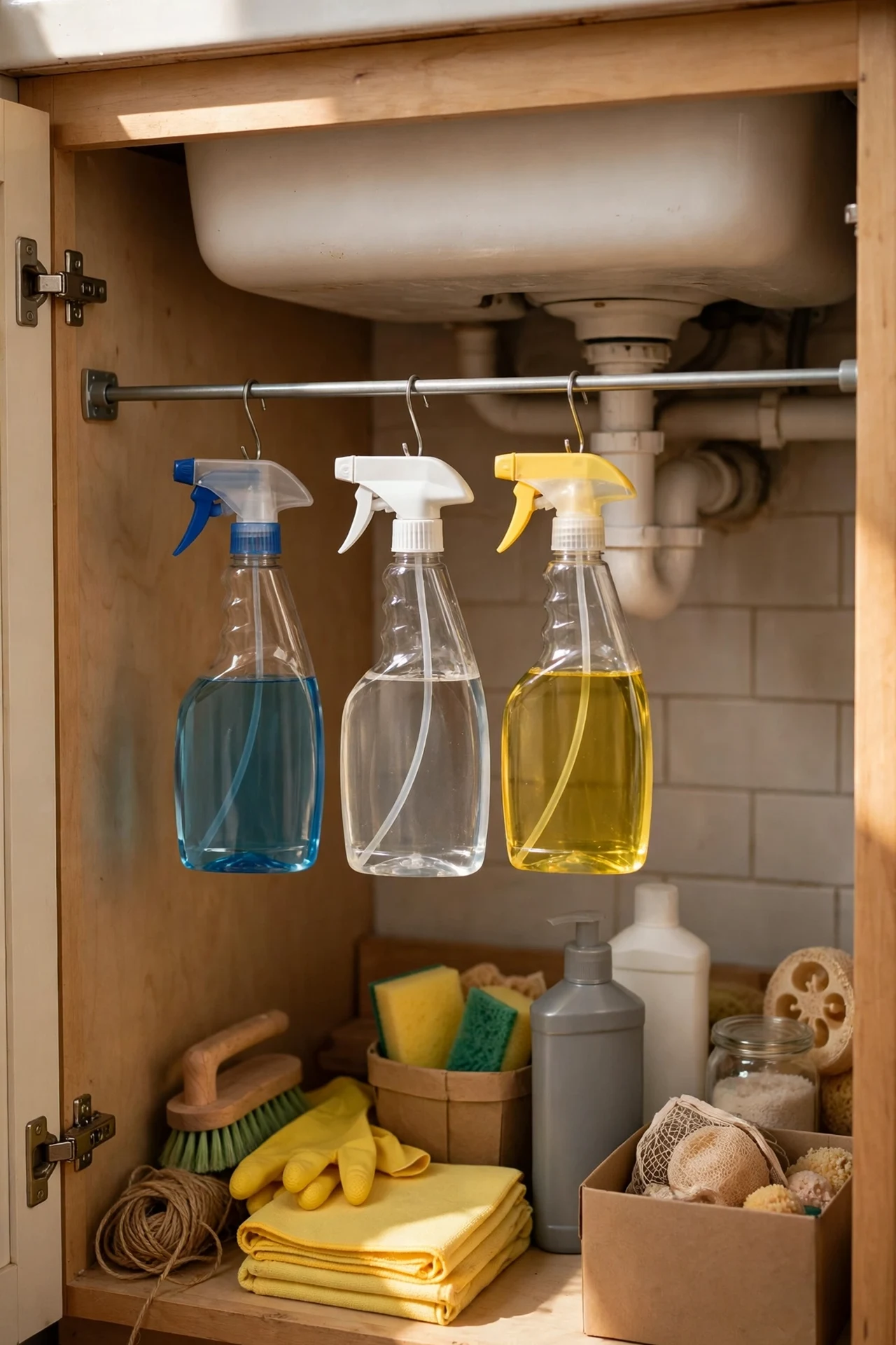 Tension rod under sink holding spray bottles above cleaning supplies
