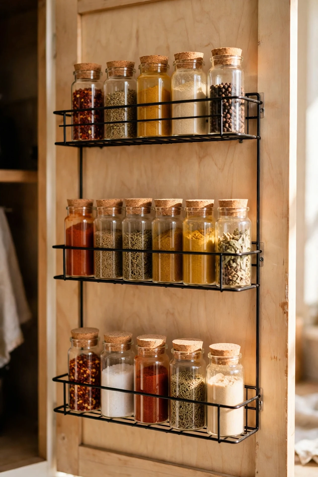 Spice jars in tiered racks stuck inside kitchen cabinet door