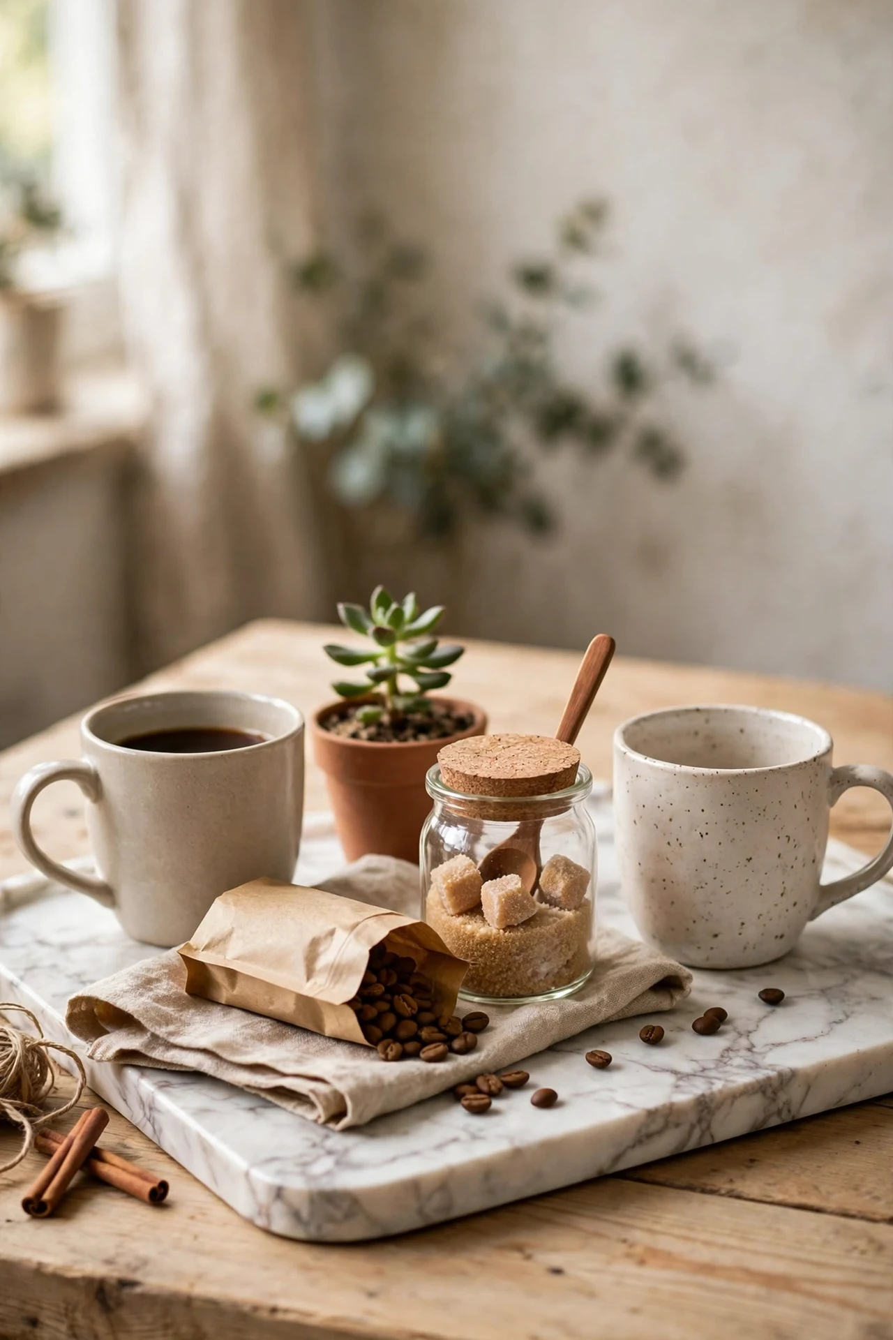 Coffee station styled on faux marble tray with mugs and plant