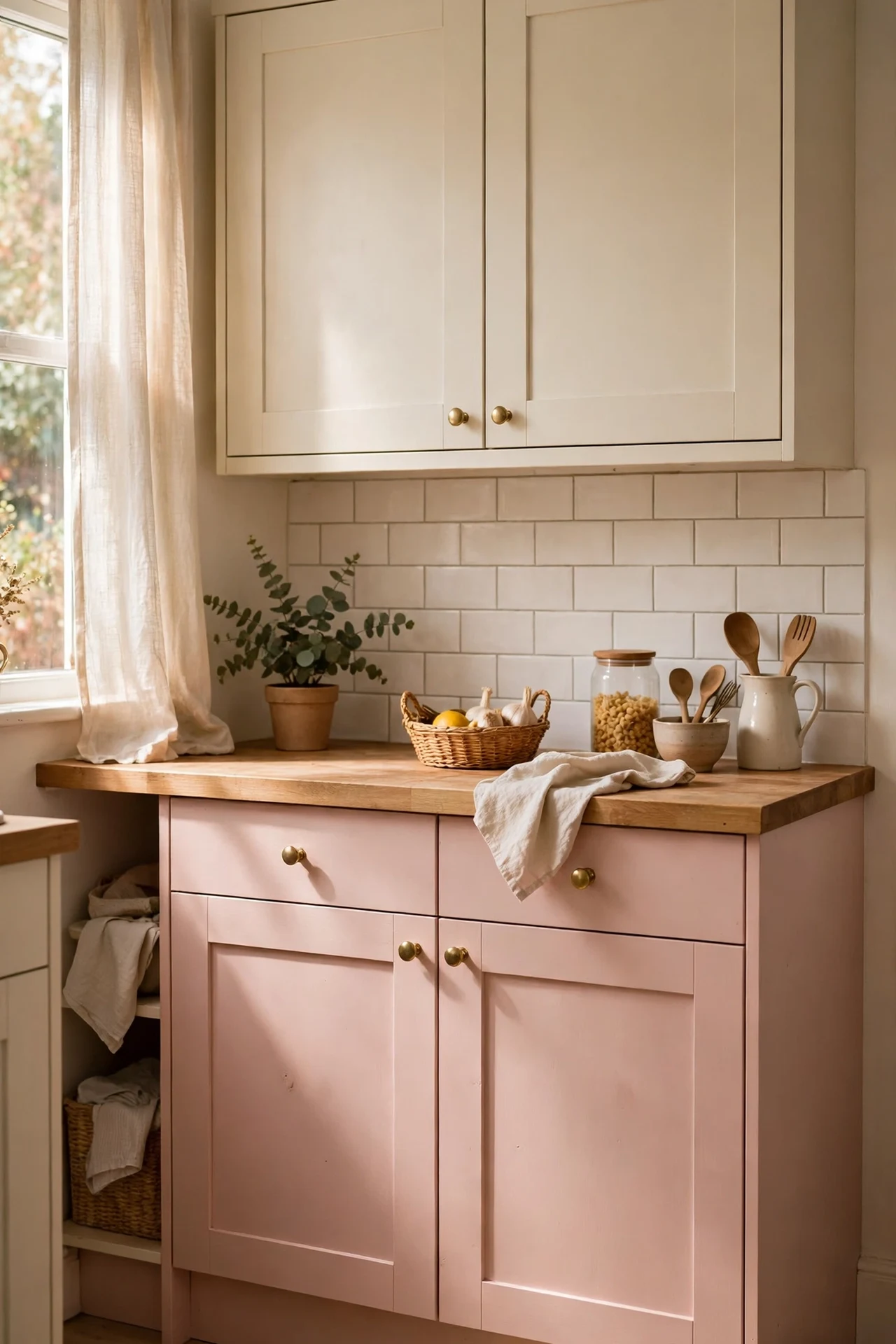 Blush pink lower kitchen cabinets with cream upper cupboards
