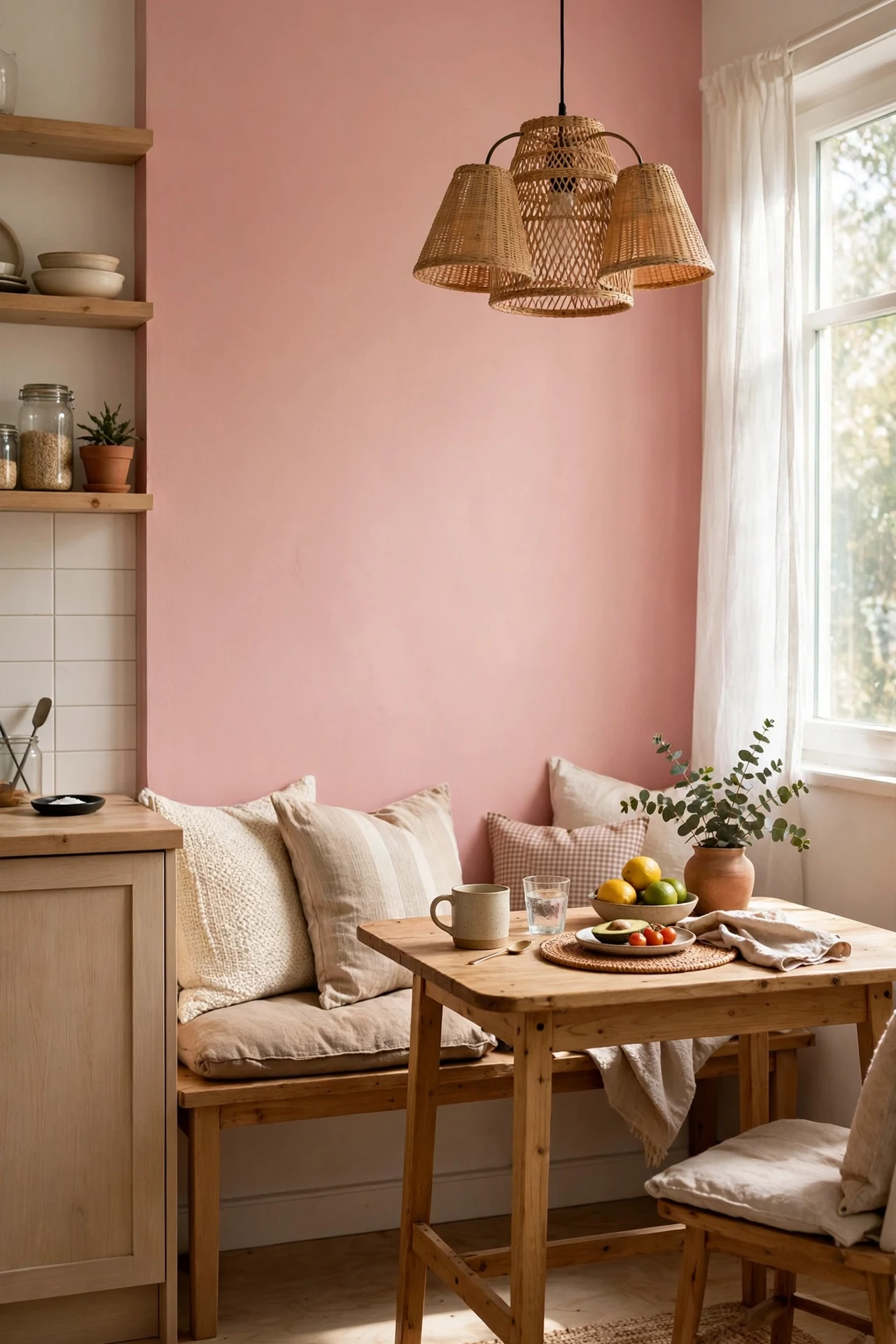 Single blush pink accent wall behind kitchen dining nook