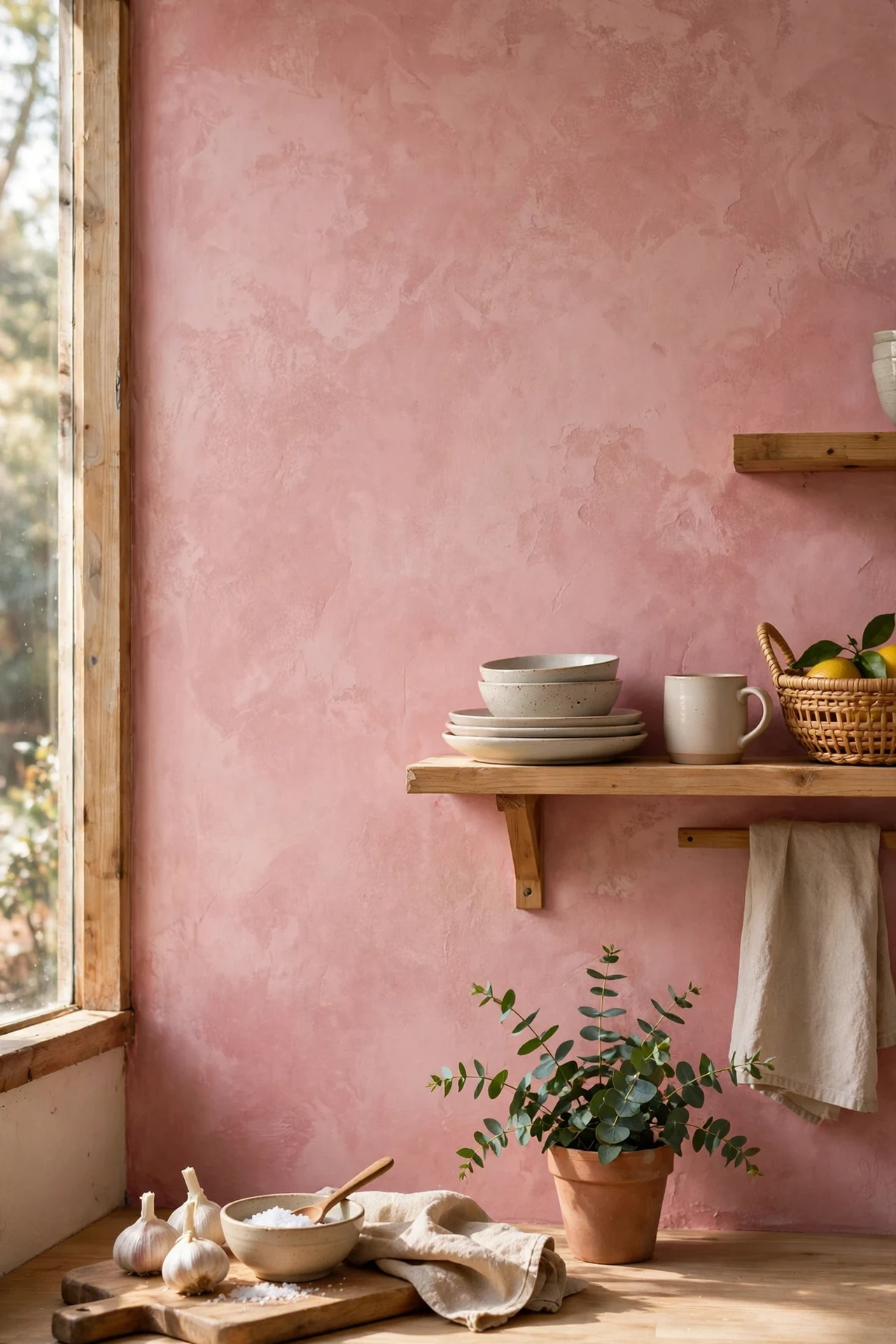 Pink limewash textured finish on kitchen backsplash wall
