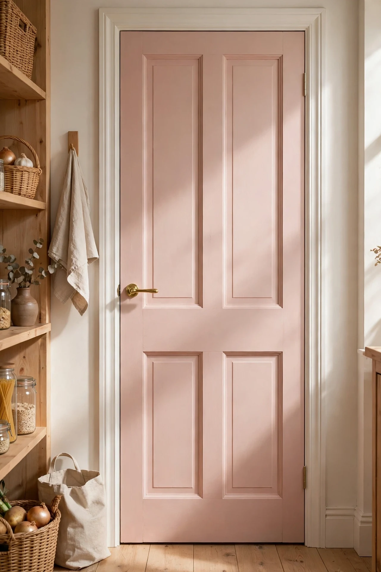 Pantry door painted soft blush pink with brass handle