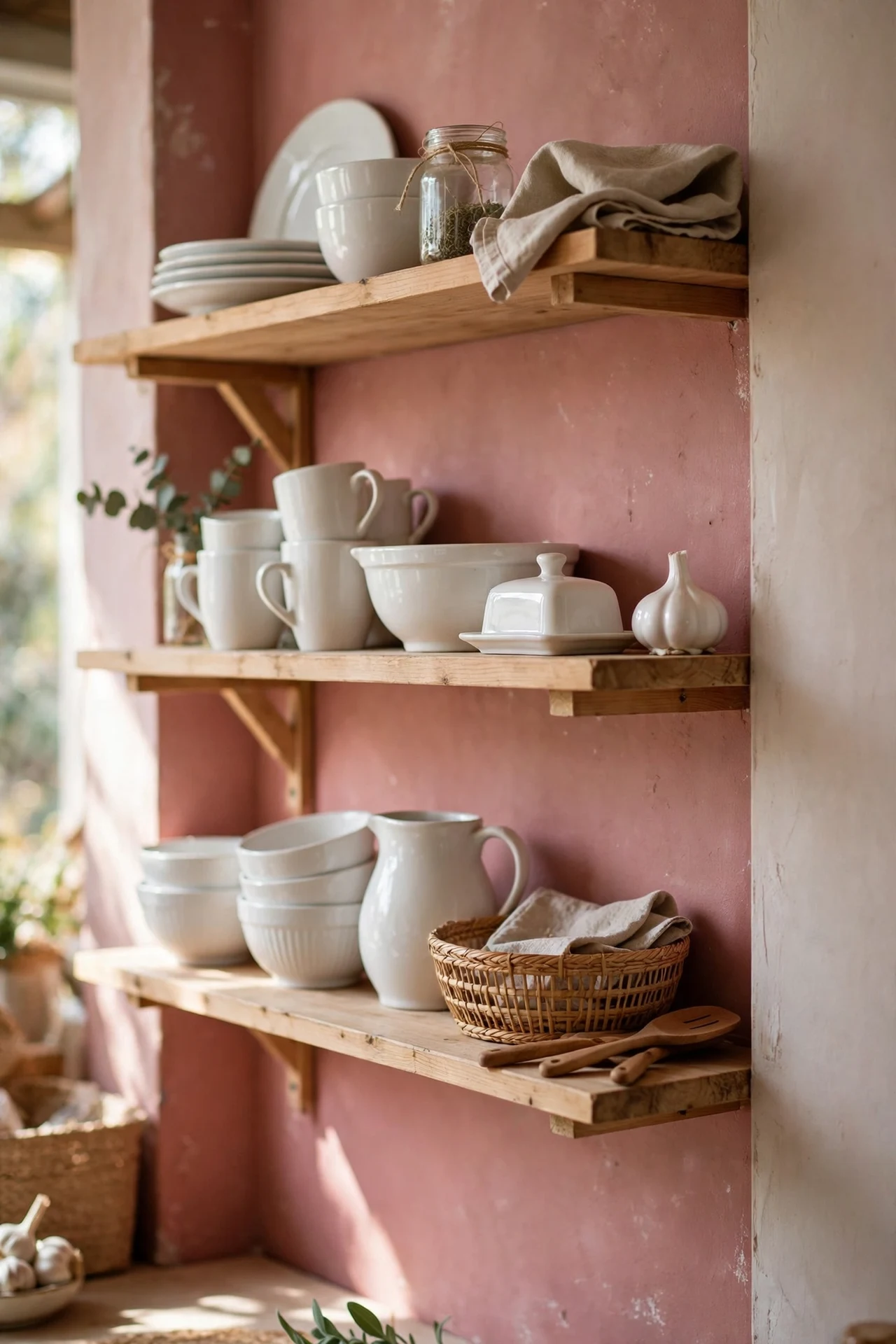 Open kitchen shelves painted dusty rose displaying white crockery