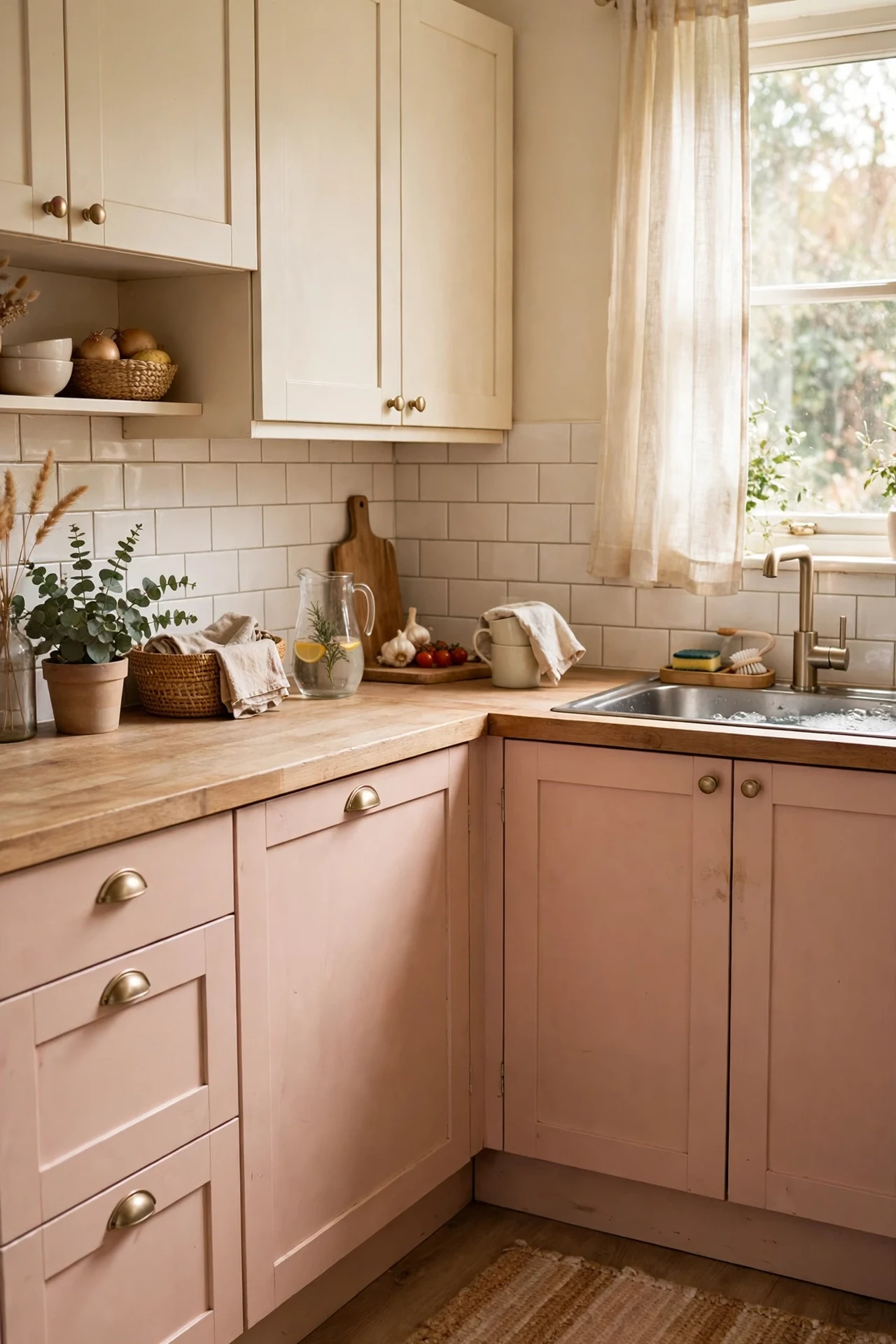 Two tone kitchen with blush pink lowers and warm cream uppers