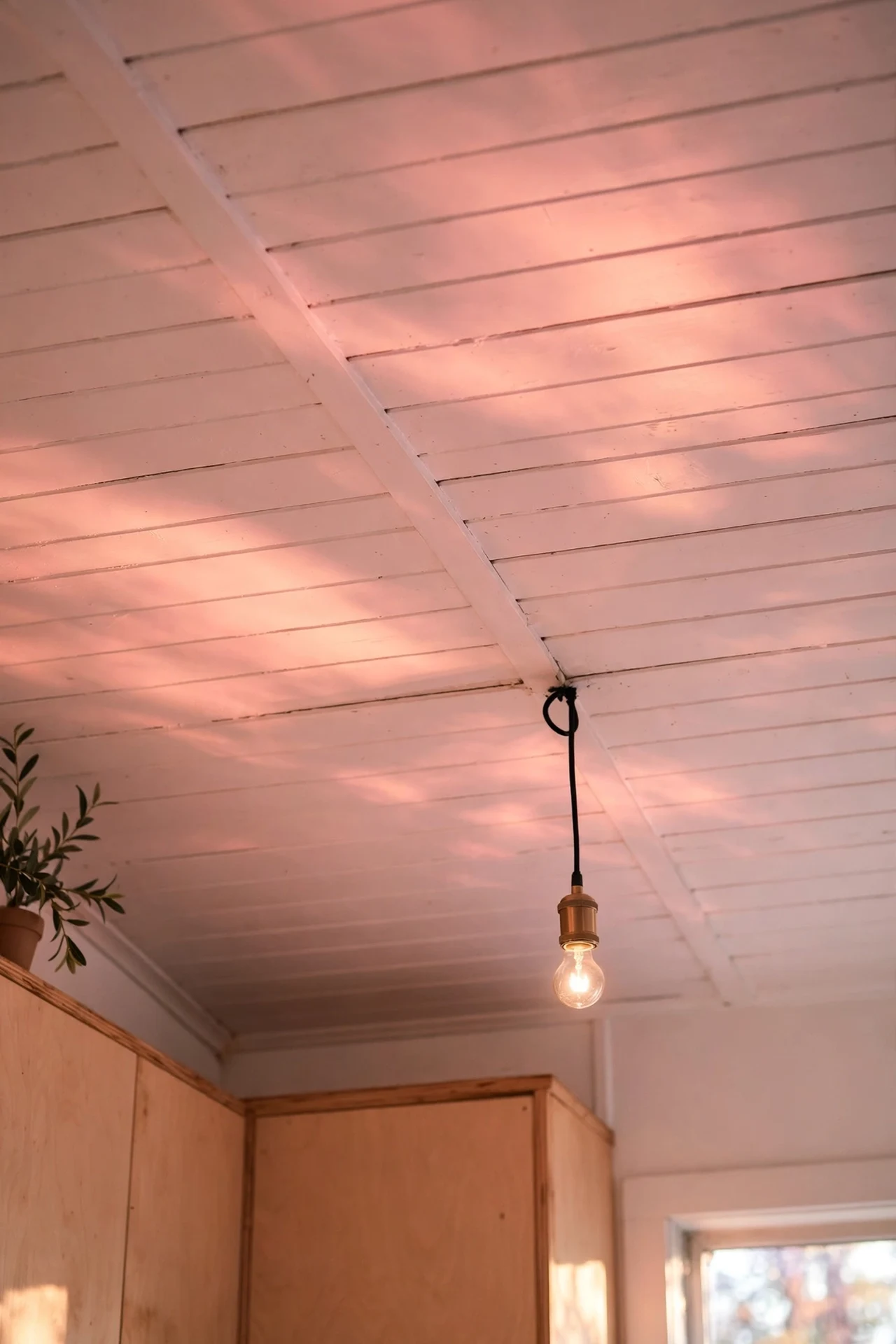 Kitchen ceiling with the softest pink wash glowing warm