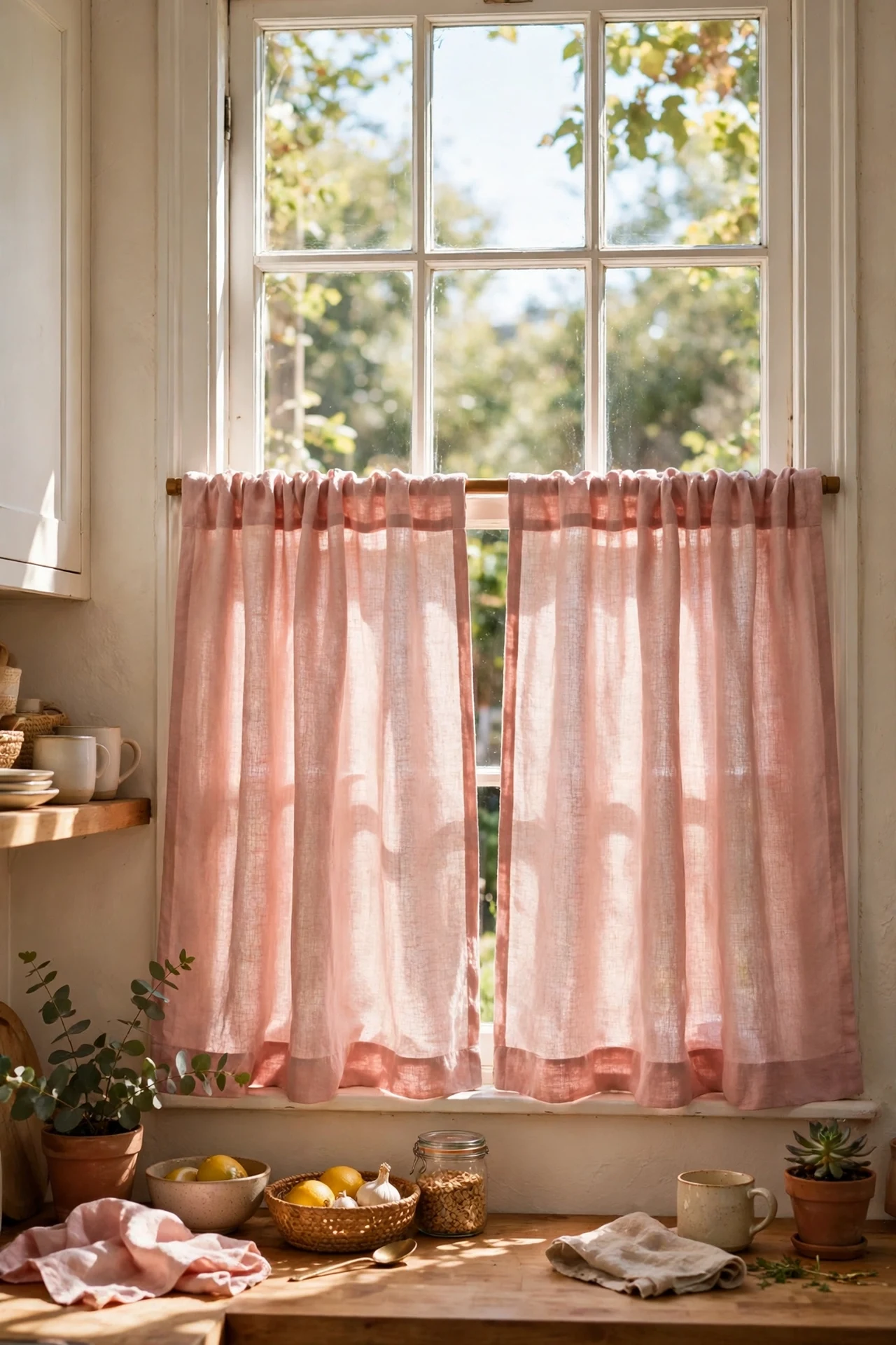 Blush pink linen cafe curtains on kitchen window