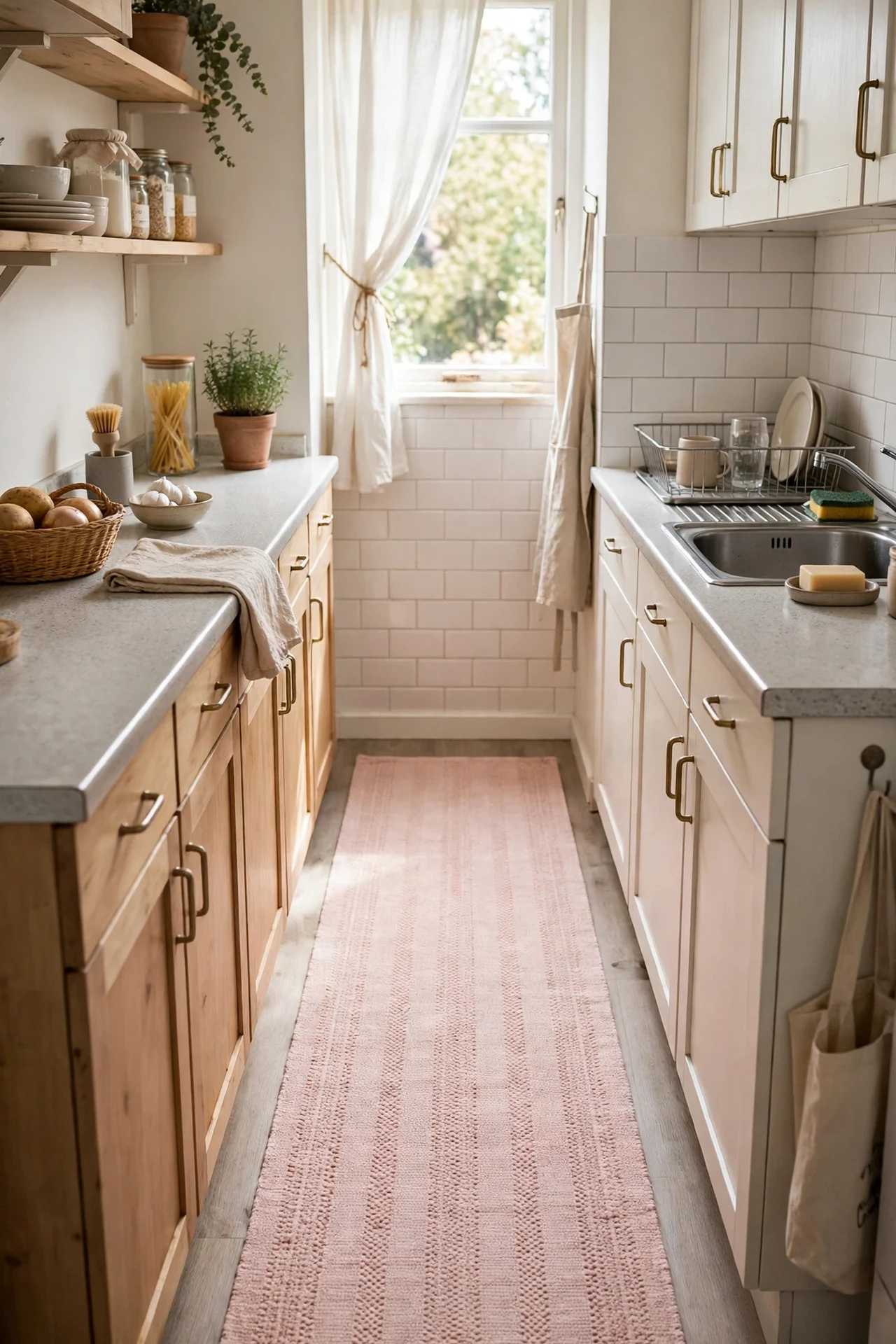 Blush pink washable runner rug in narrow galley kitchen