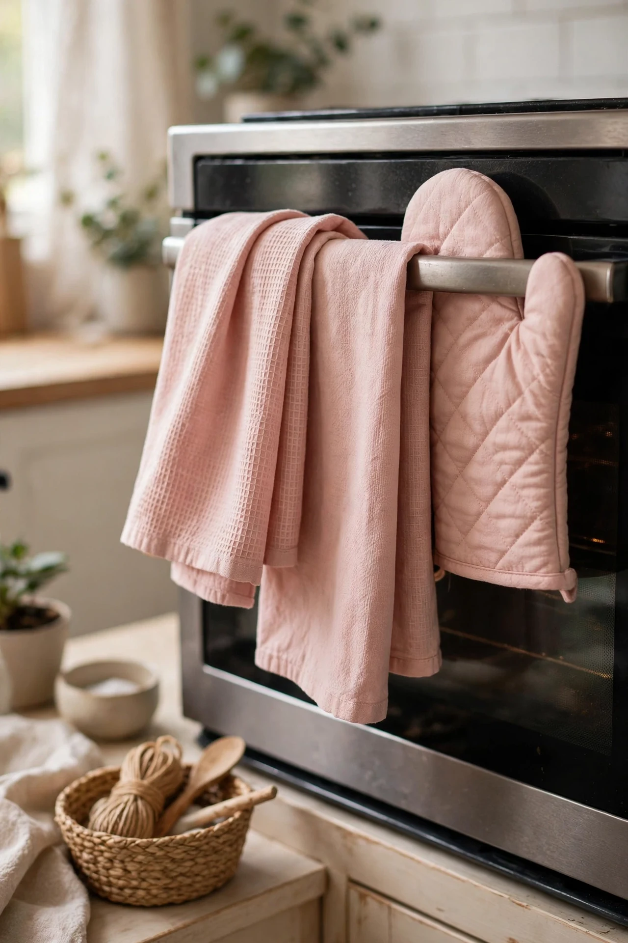 Coordinated blush pink tea towels and oven mitt on oven