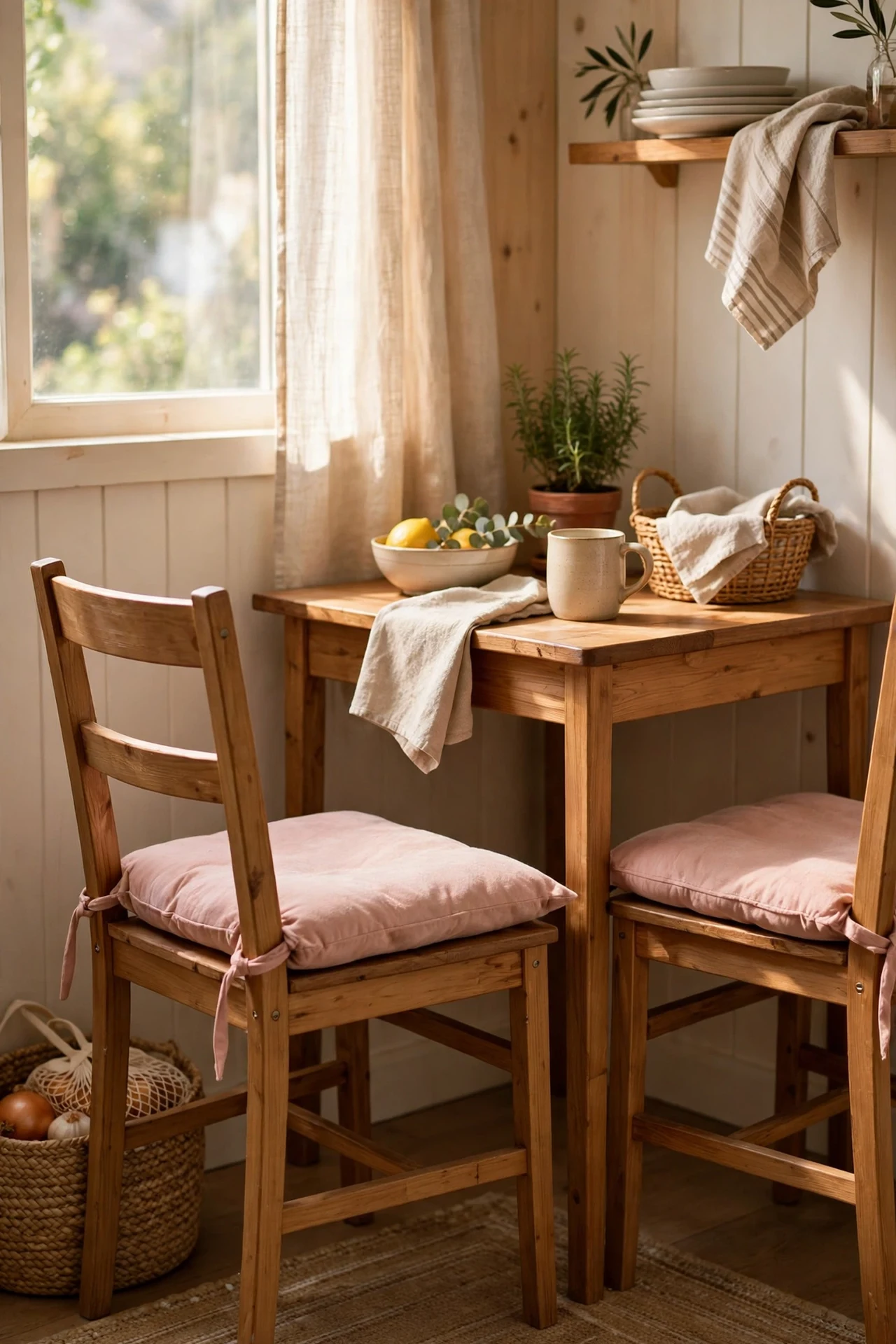 Dining chairs with blush pink cushion covers in kitchen nook
