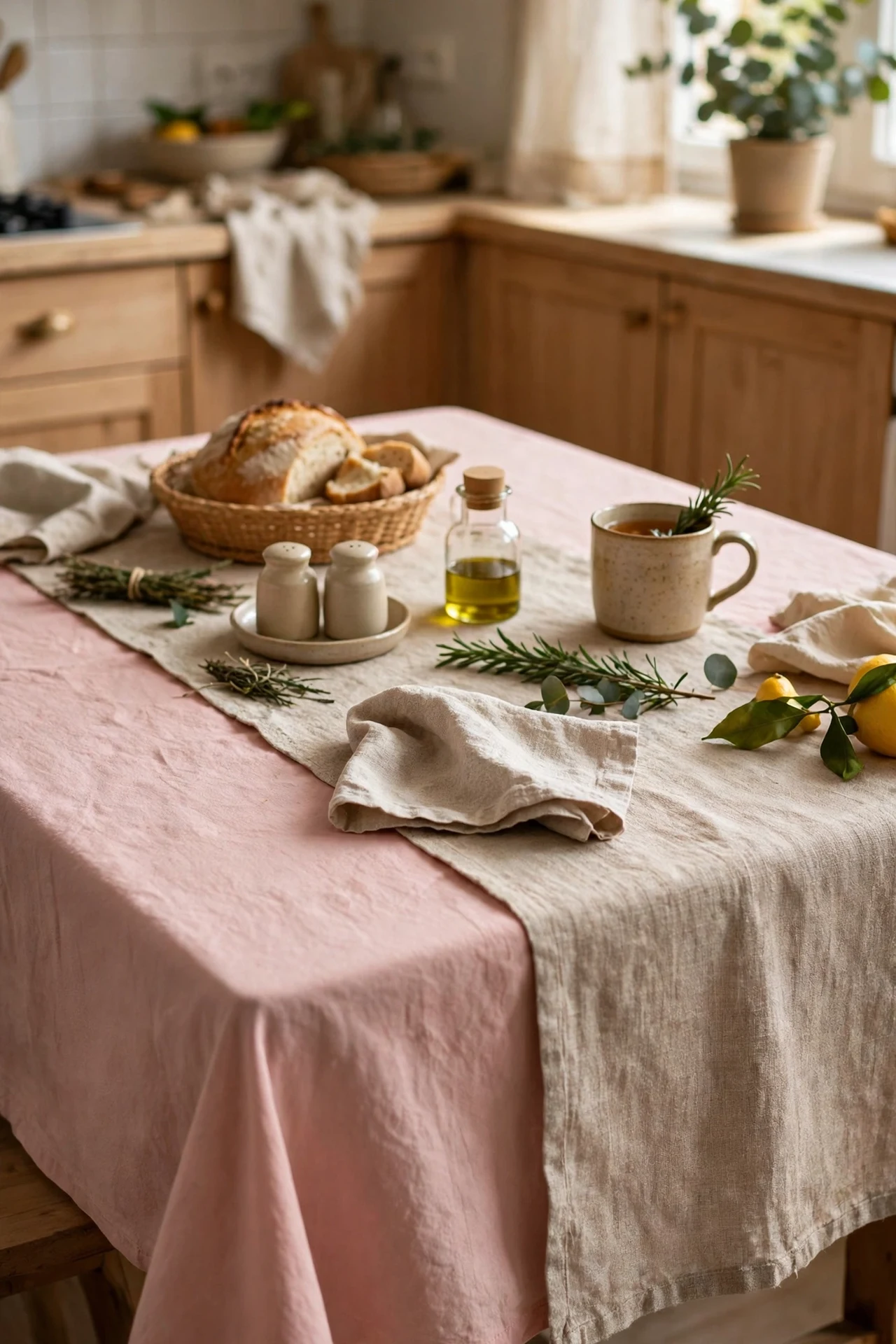 Blush pink tablecloth on eat in kitchen table with runner