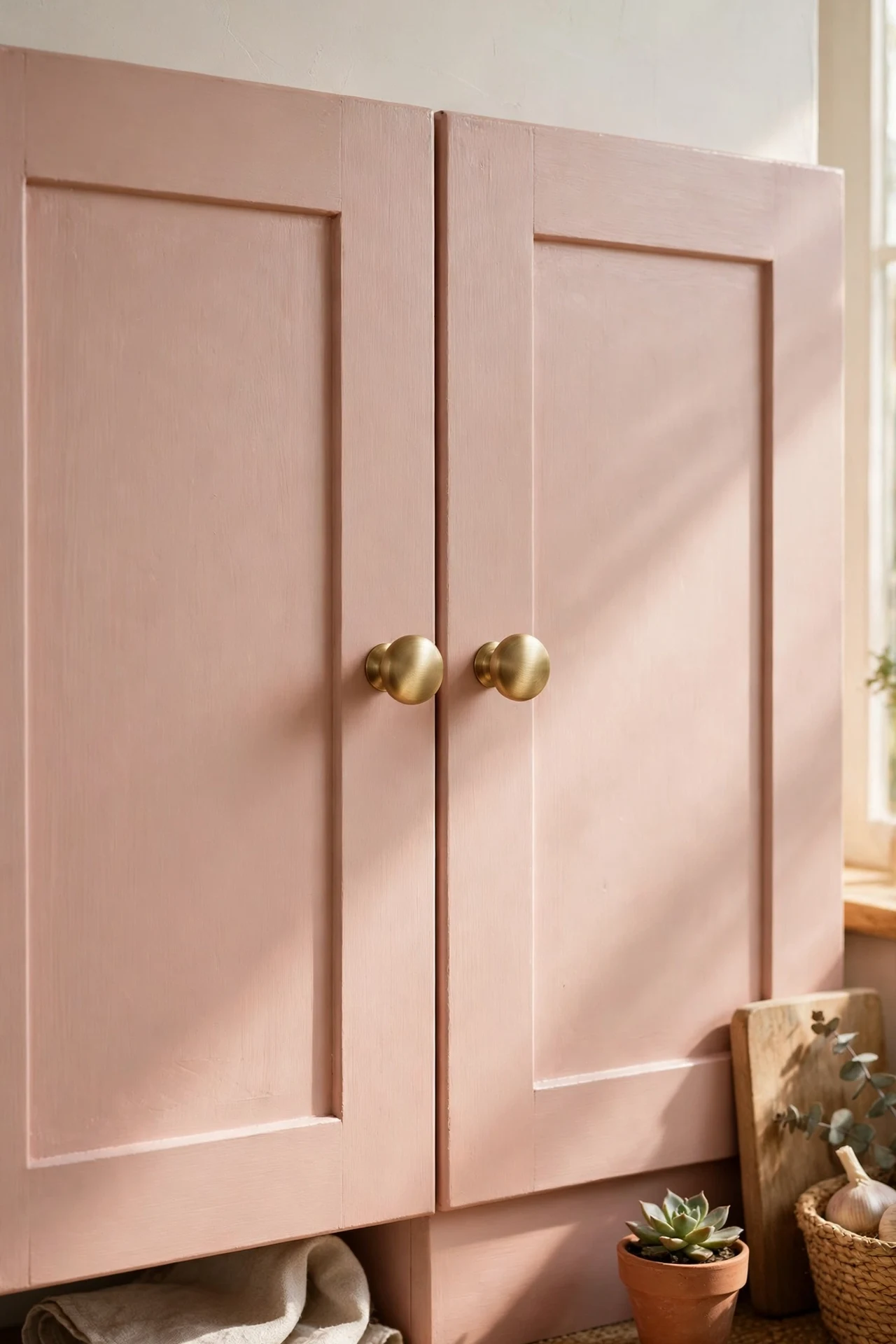 Brushed brass knobs on blush pink painted kitchen cabinet doors