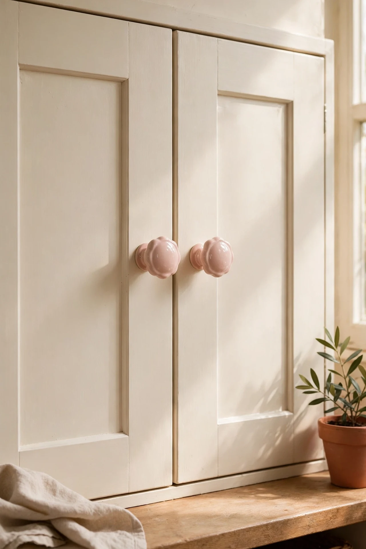 Blush pink ceramic knobs on plain cream kitchen cupboard doors