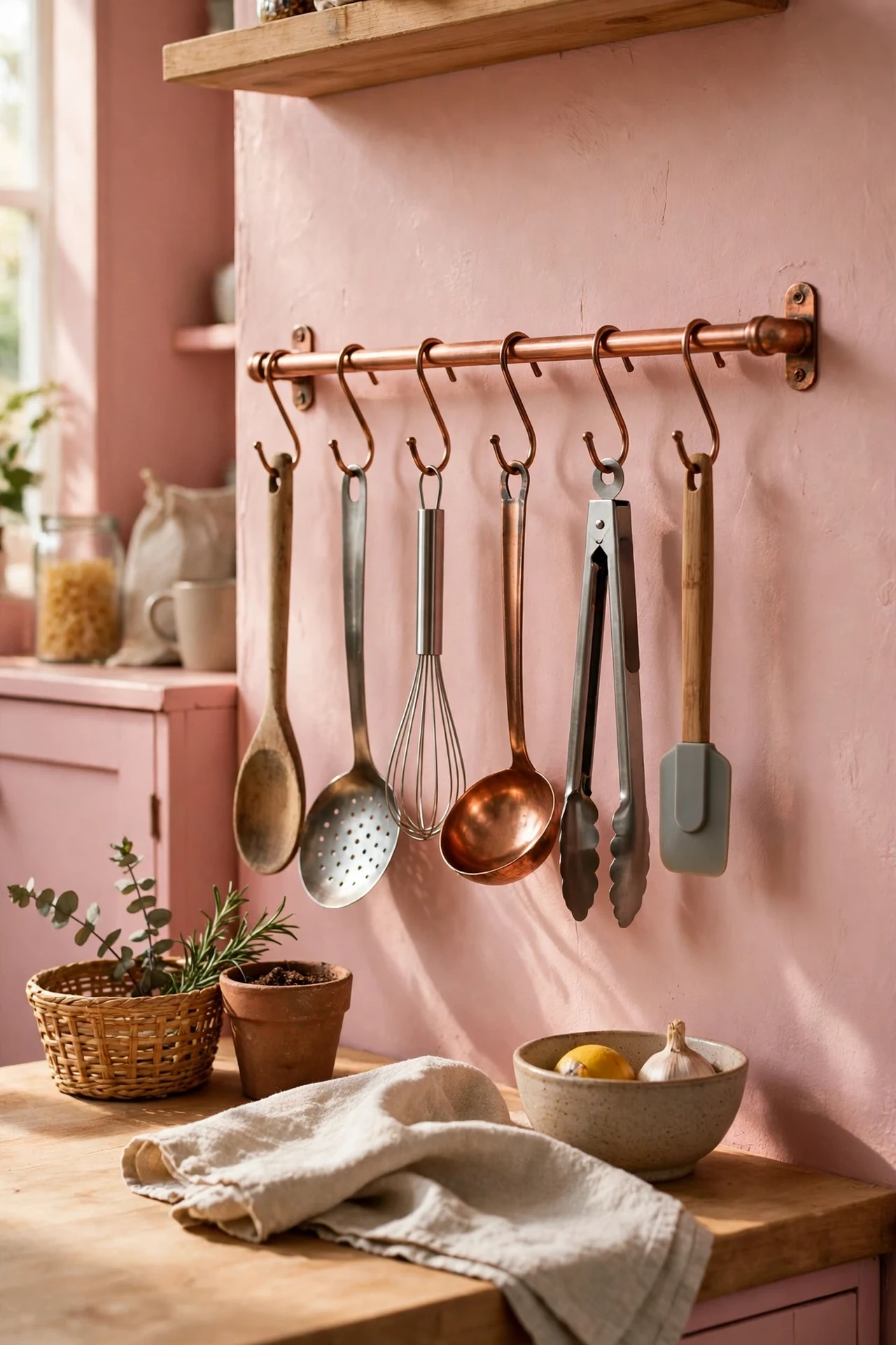 Copper rail with S-hooks holding utensils in pink kitchen