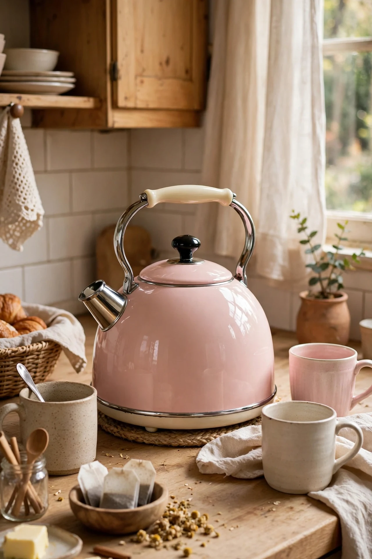 Blush pink retro style kettle on kitchen counter with mugs