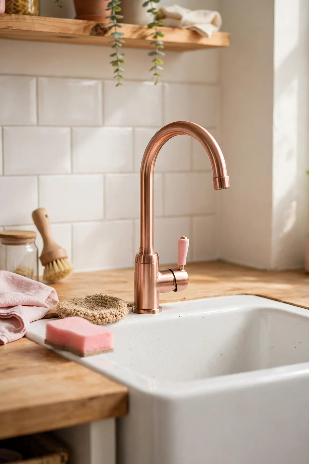 Rose gold kitchen tap with pink accents over white sink