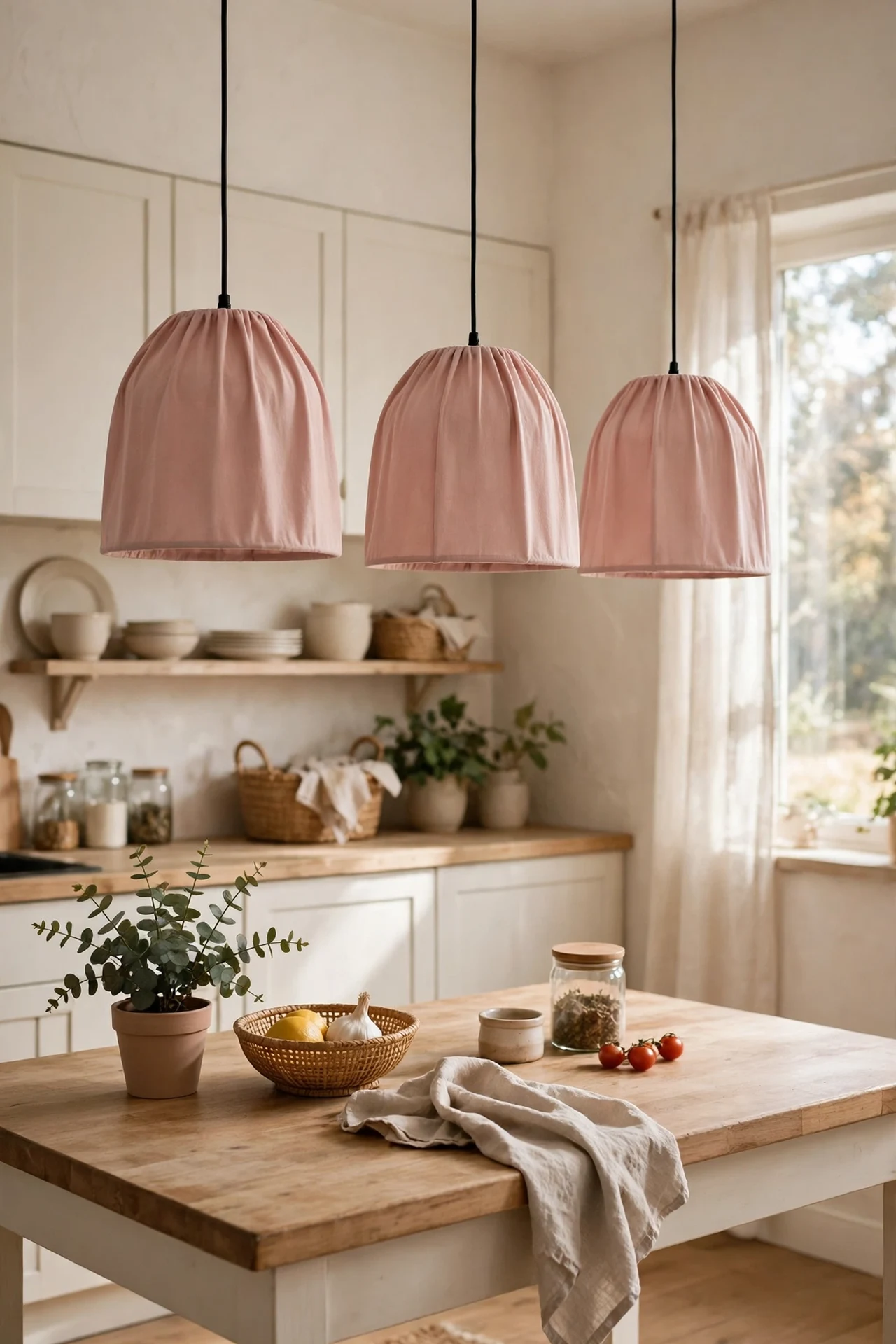 Blush pink pendant light shades hanging over kitchen island