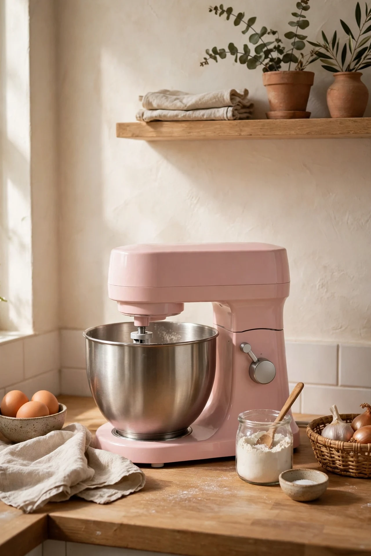 Blush pink stand mixer displayed on kitchen worktop