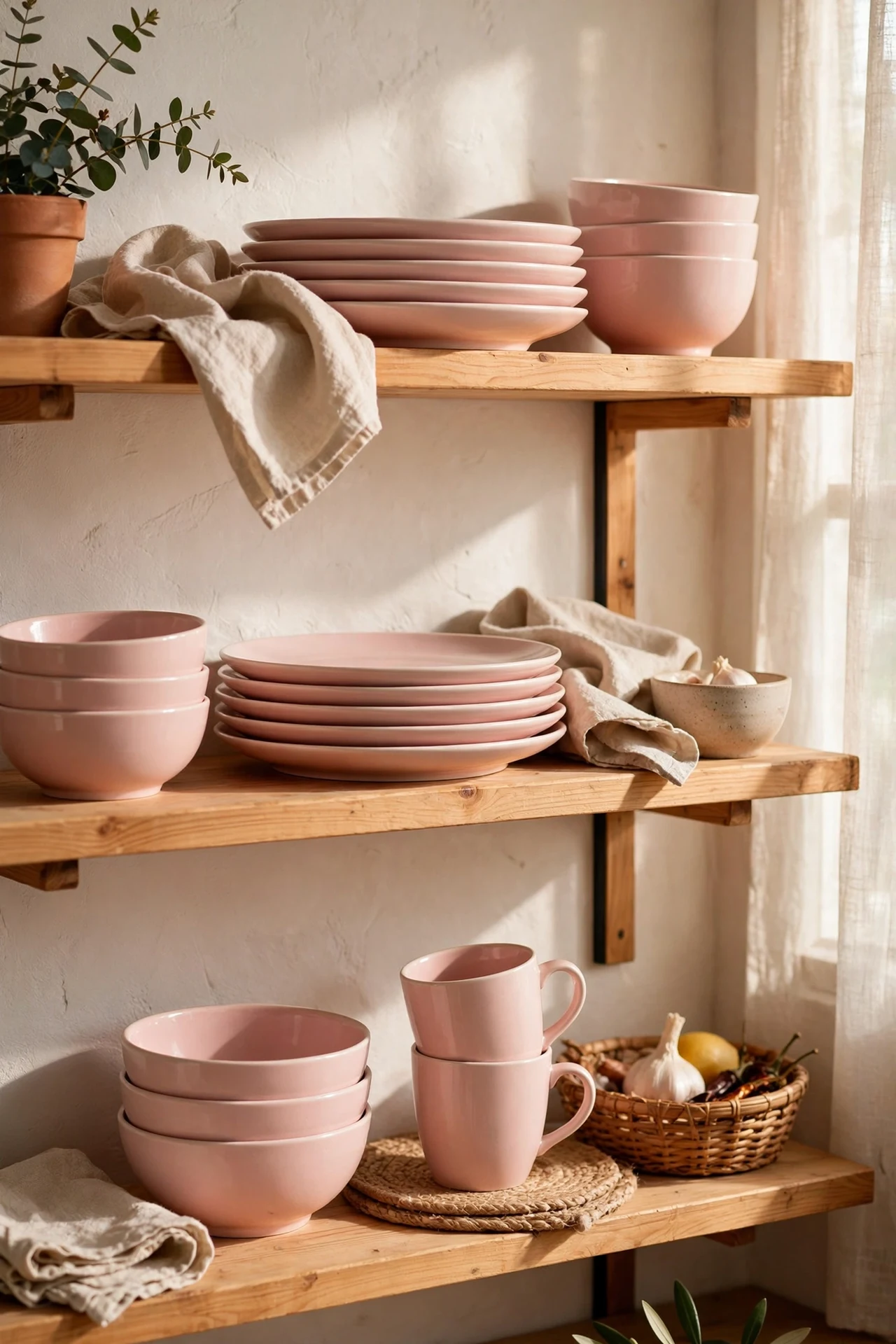 Blush pink dinnerware stacked on open kitchen shelves