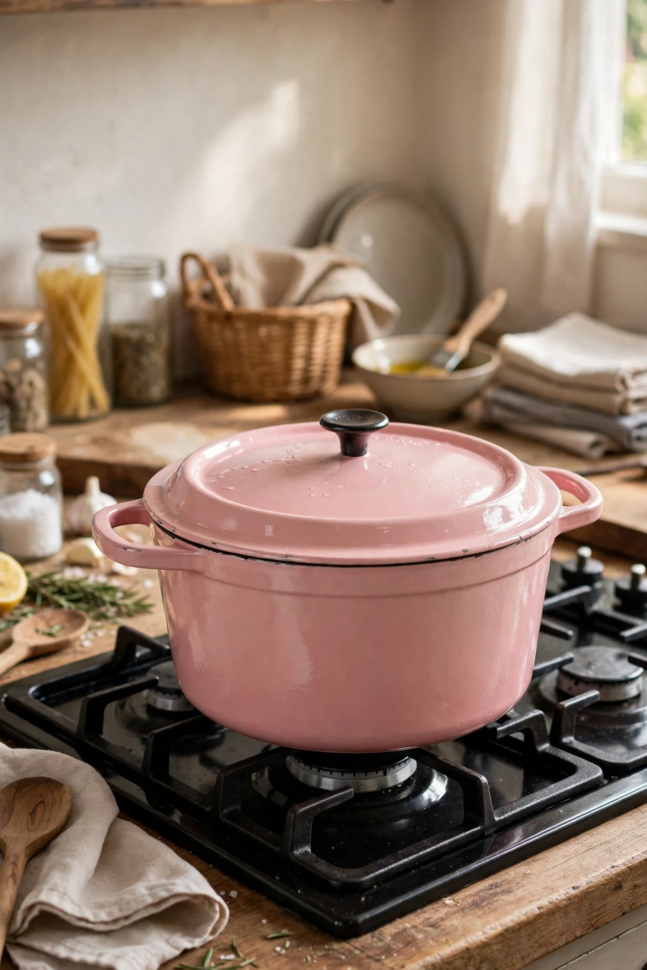 Blush pink enamelled dutch oven on hob with stew