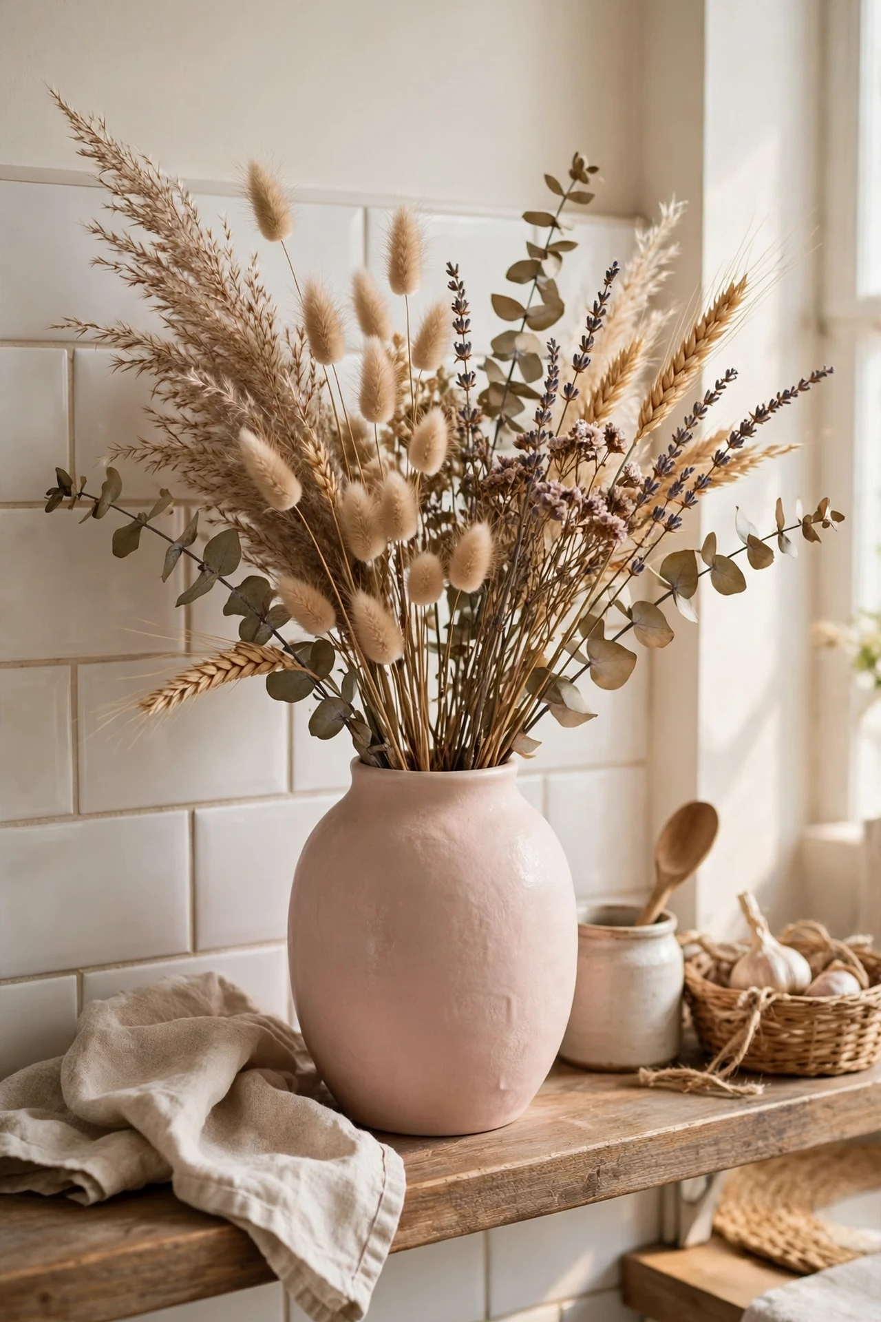 Dried flowers arranged in blush pink vase on kitchen shelf
