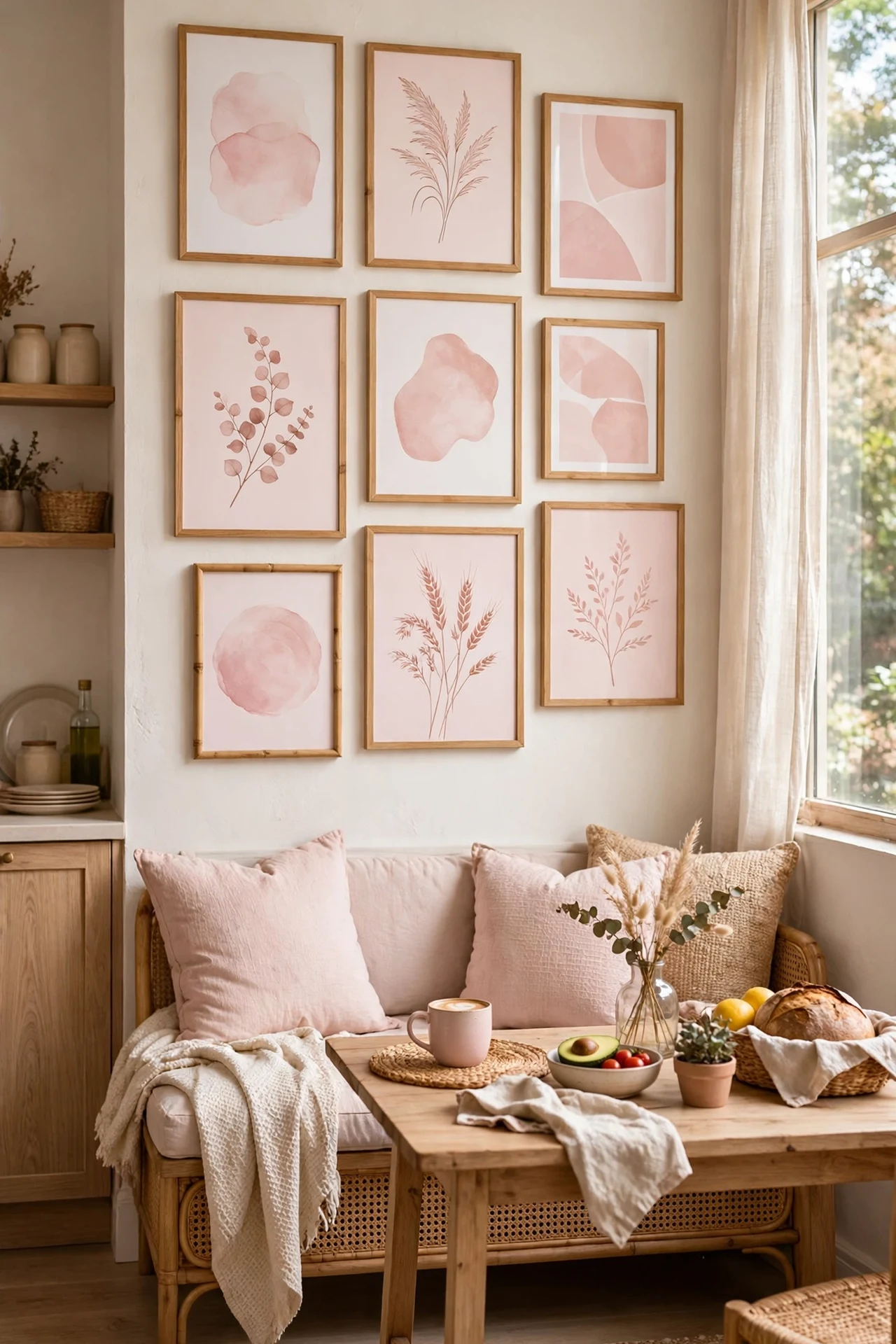 Gallery wall of blush pink art prints above kitchen breakfast nook