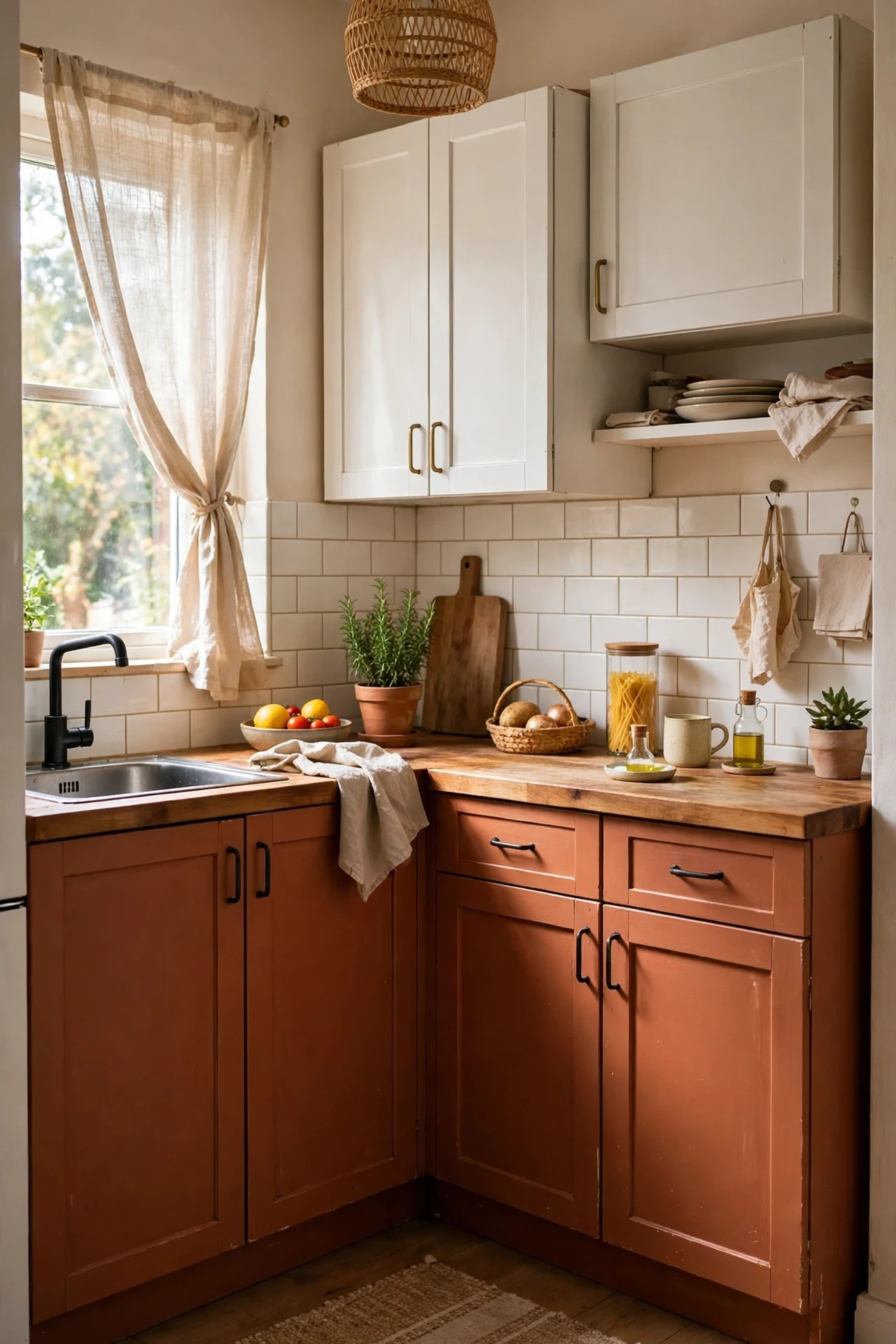 Kitchen lower cabinets painted warm terracotta with white upper cabinets