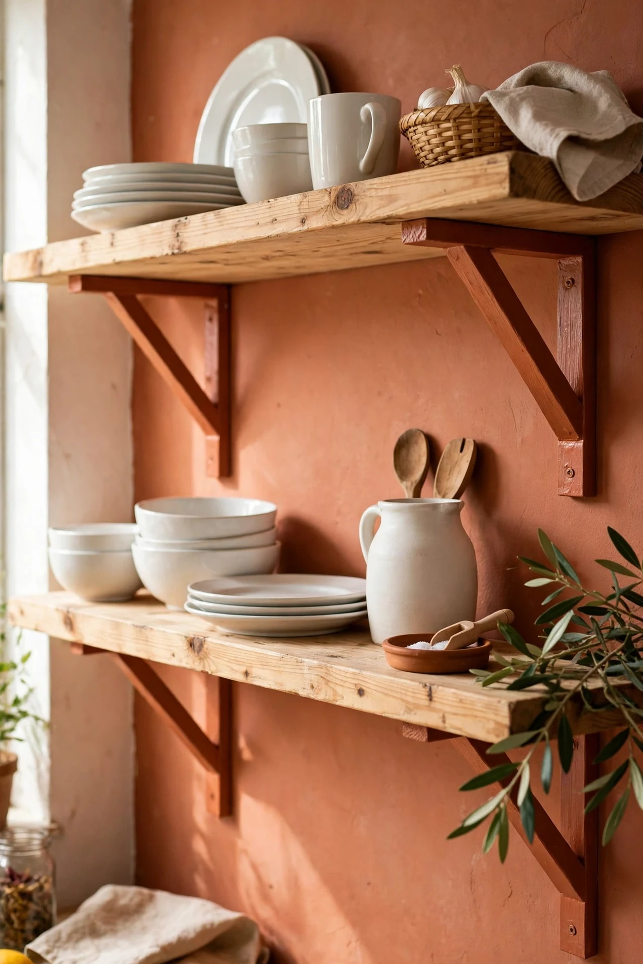 Open wooden kitchen shelves on terracotta painted wall brackets