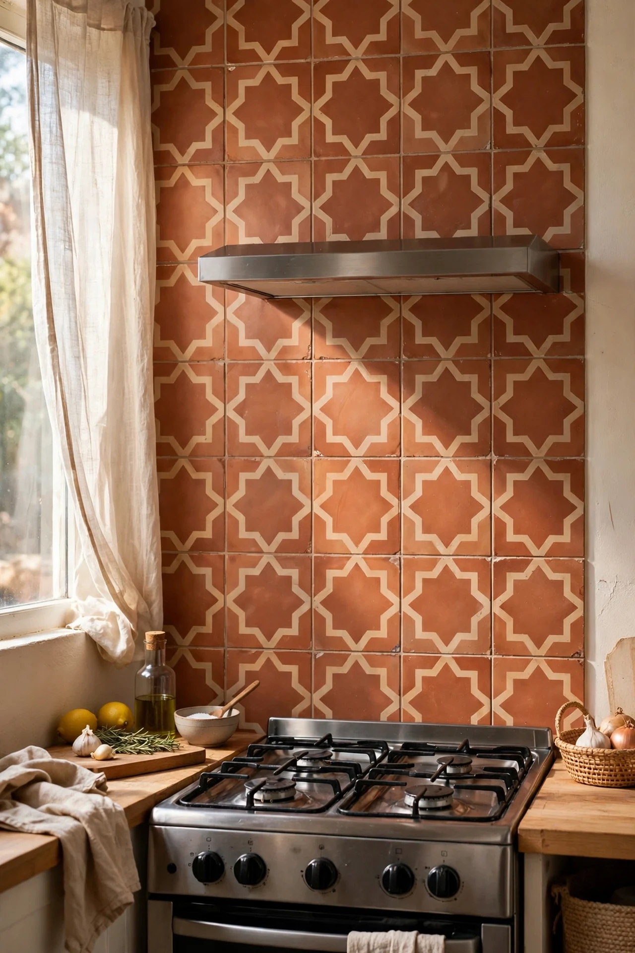 Peel and stick terracotta tile backsplash behind kitchen stove