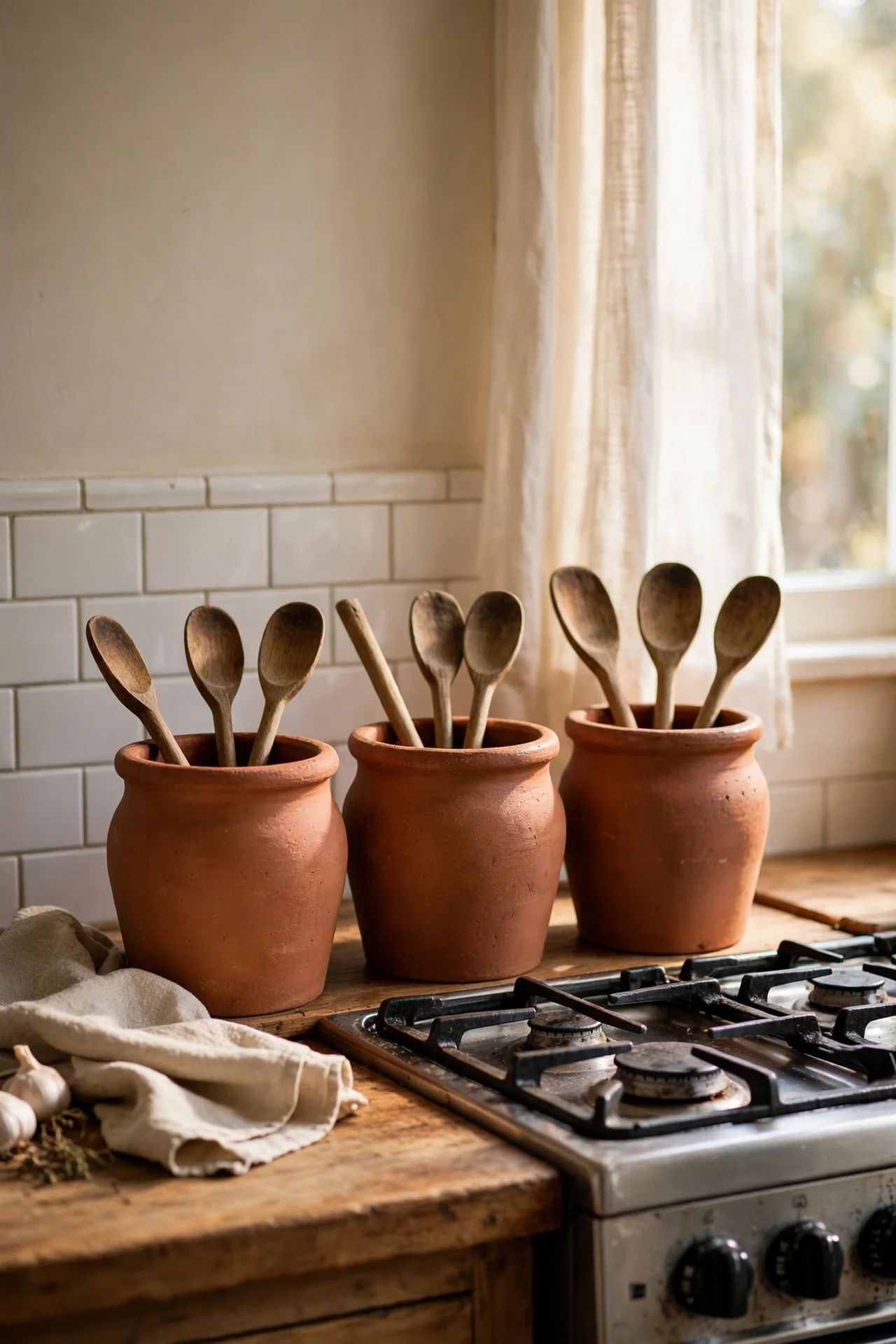 Terracotta clay utensil crocks holding wooden spoons by stove