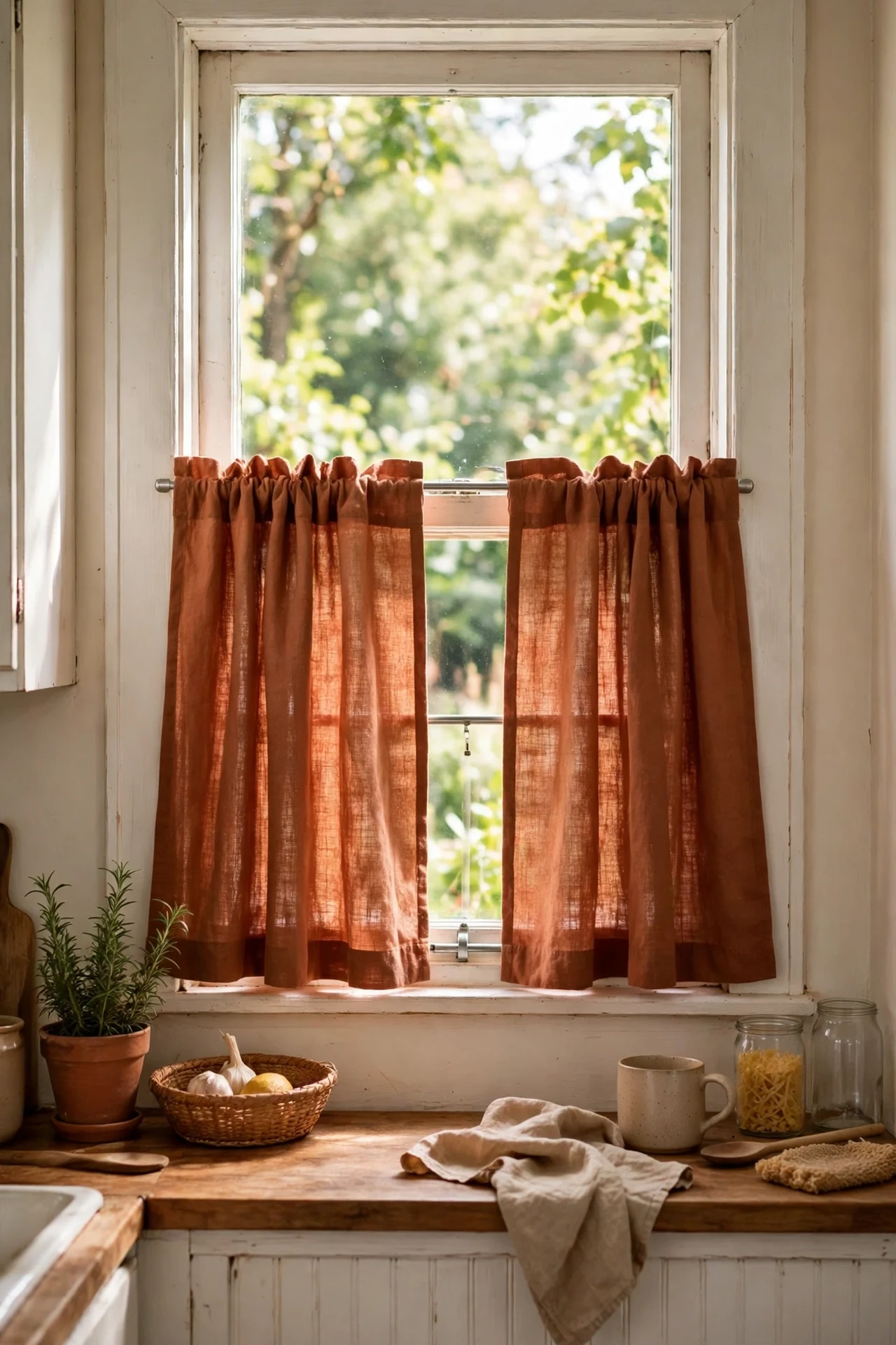 Terracotta linen cafe curtains on small kitchen window