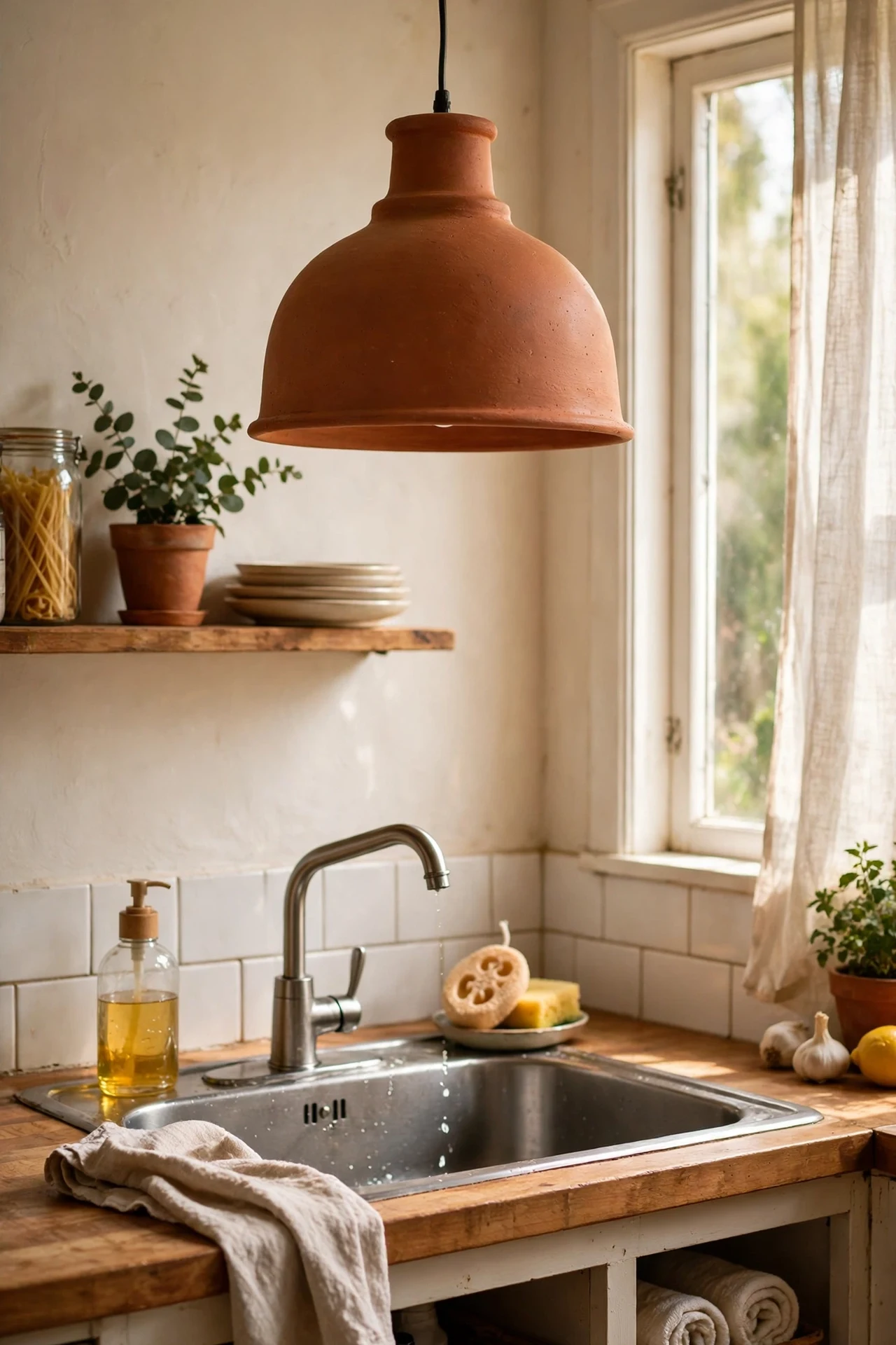 Terracotta painted pendant light shade hanging over kitchen sink