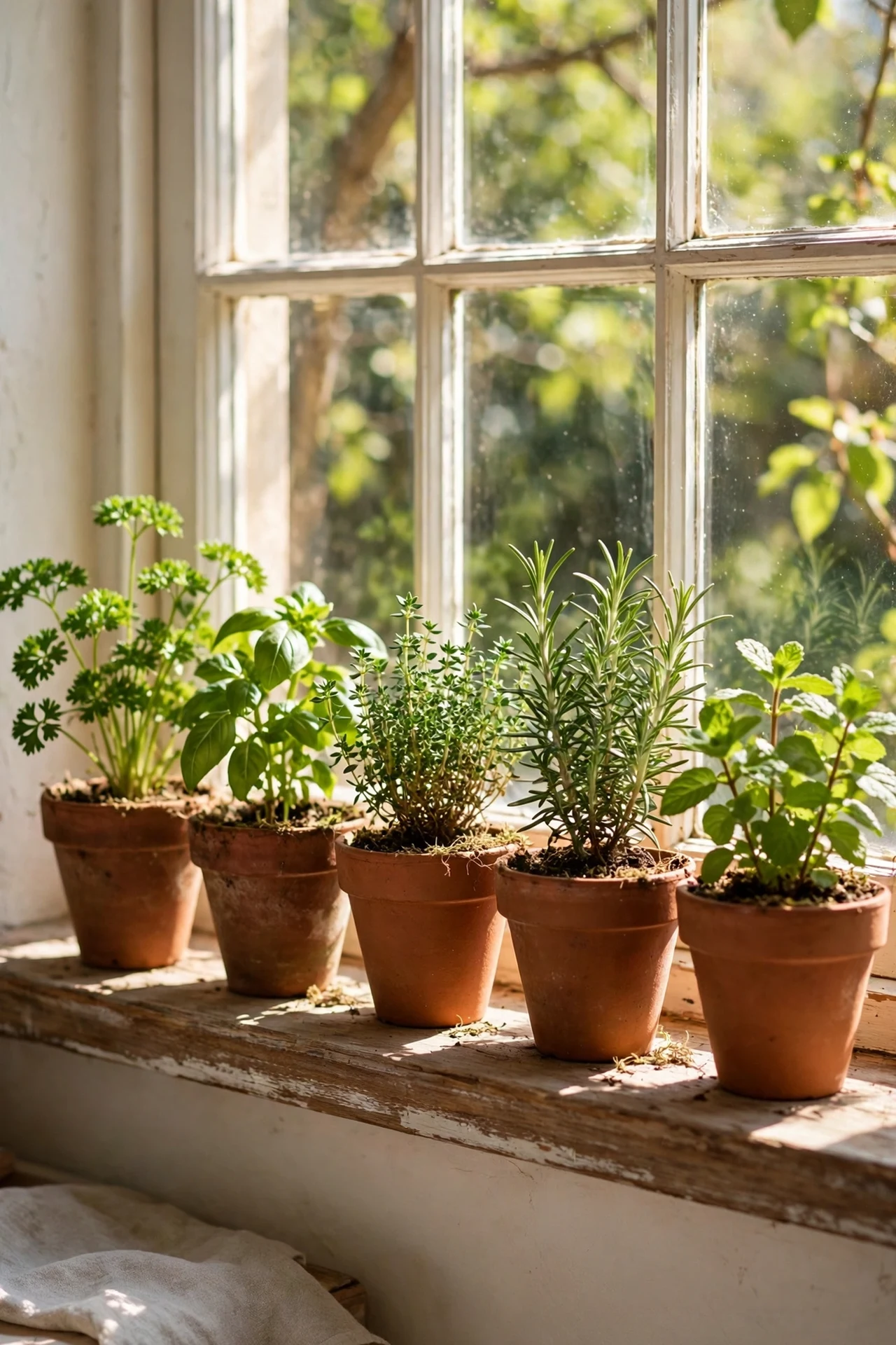 Row of terracotta herb pots growing on kitchen windowsill