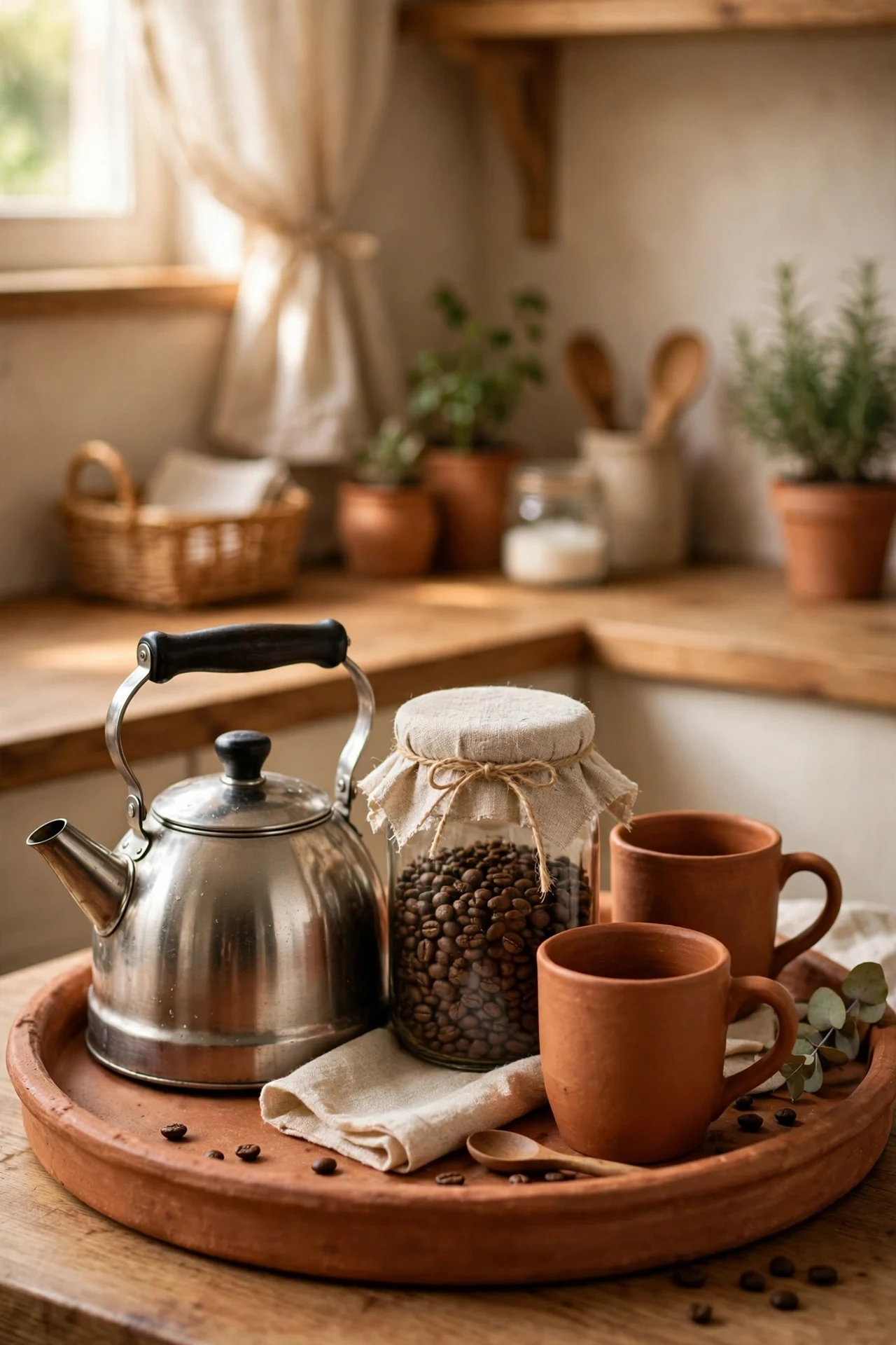Terracotta tray styling a small kitchen coffee corner
