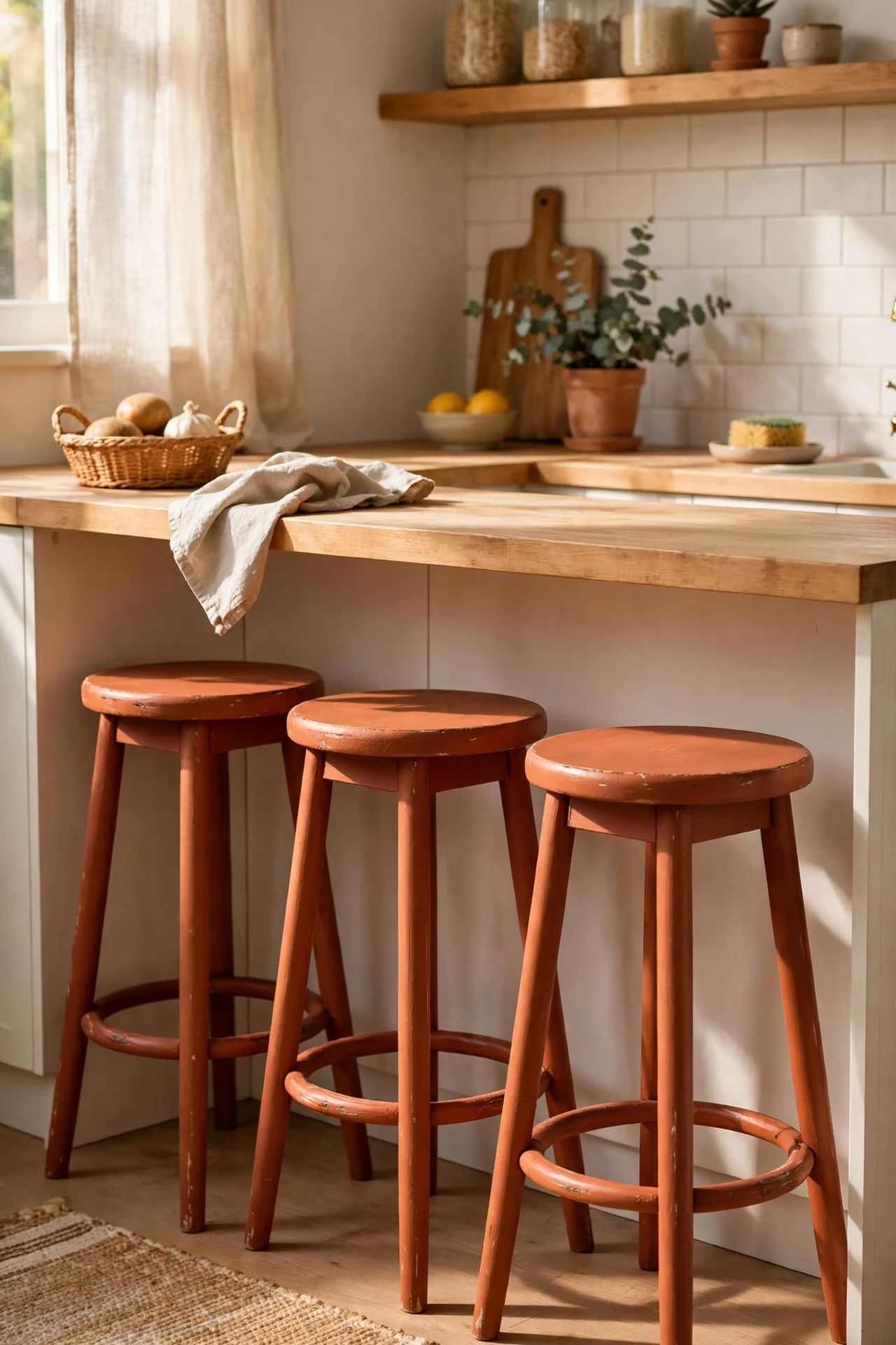 Wooden bar stools painted terracotta at kitchen counter