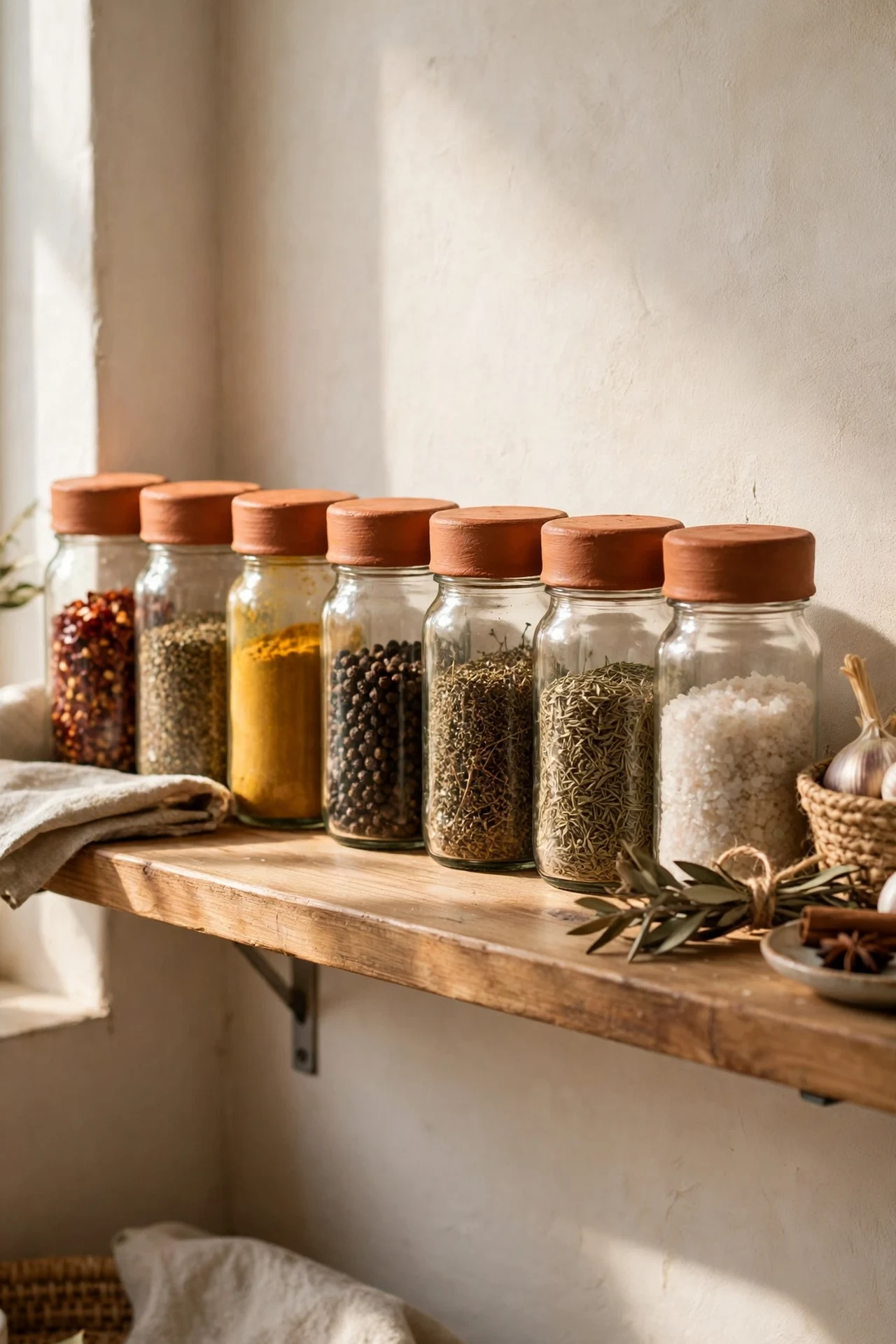 Glass spice jars with terracotta painted lids on shelf