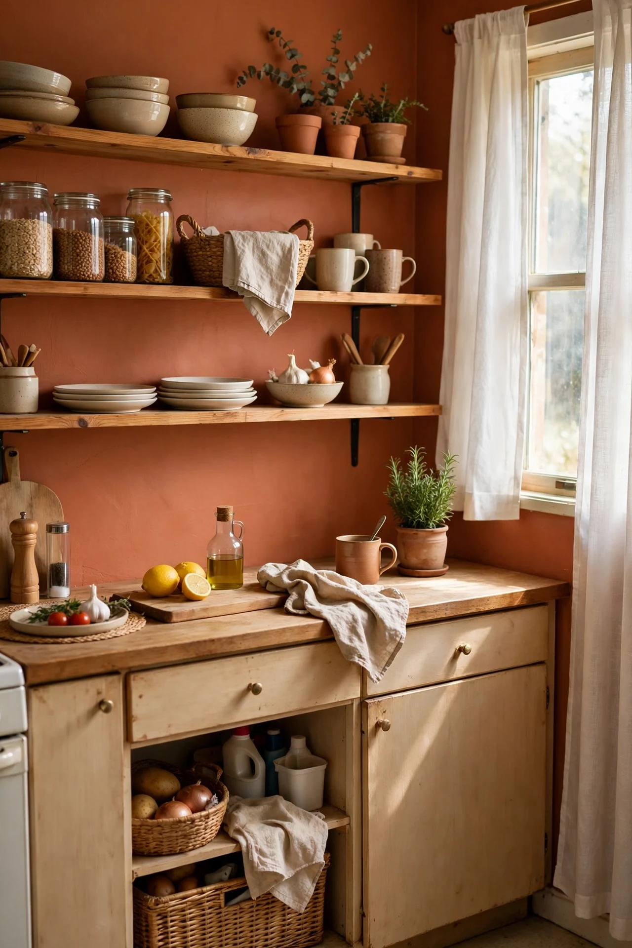 Kitchen feature wall painted warm terracotta clay colour