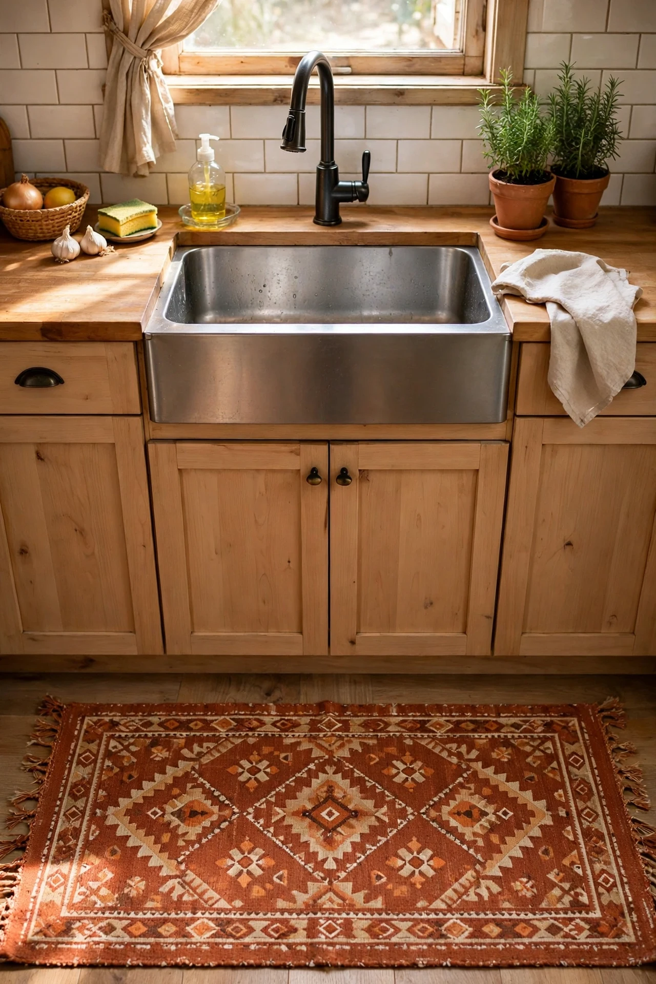 Terracotta patterned runner rug in front of kitchen sink