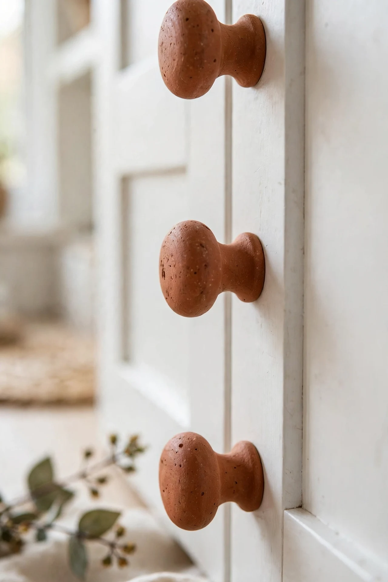 Close up of terracotta ceramic knobs on kitchen cabinets