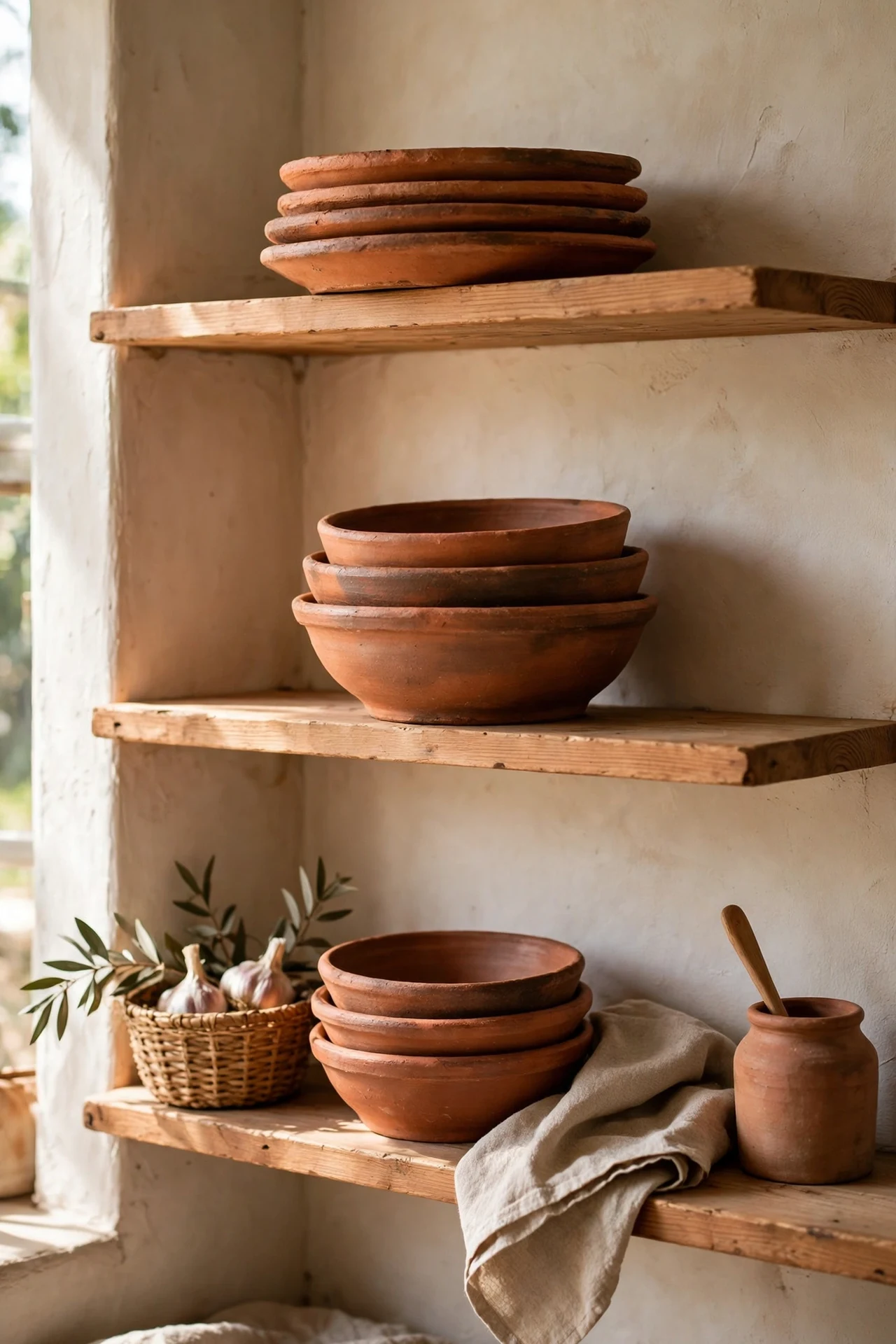 Terracotta plates and bowls displayed on open kitchen shelves